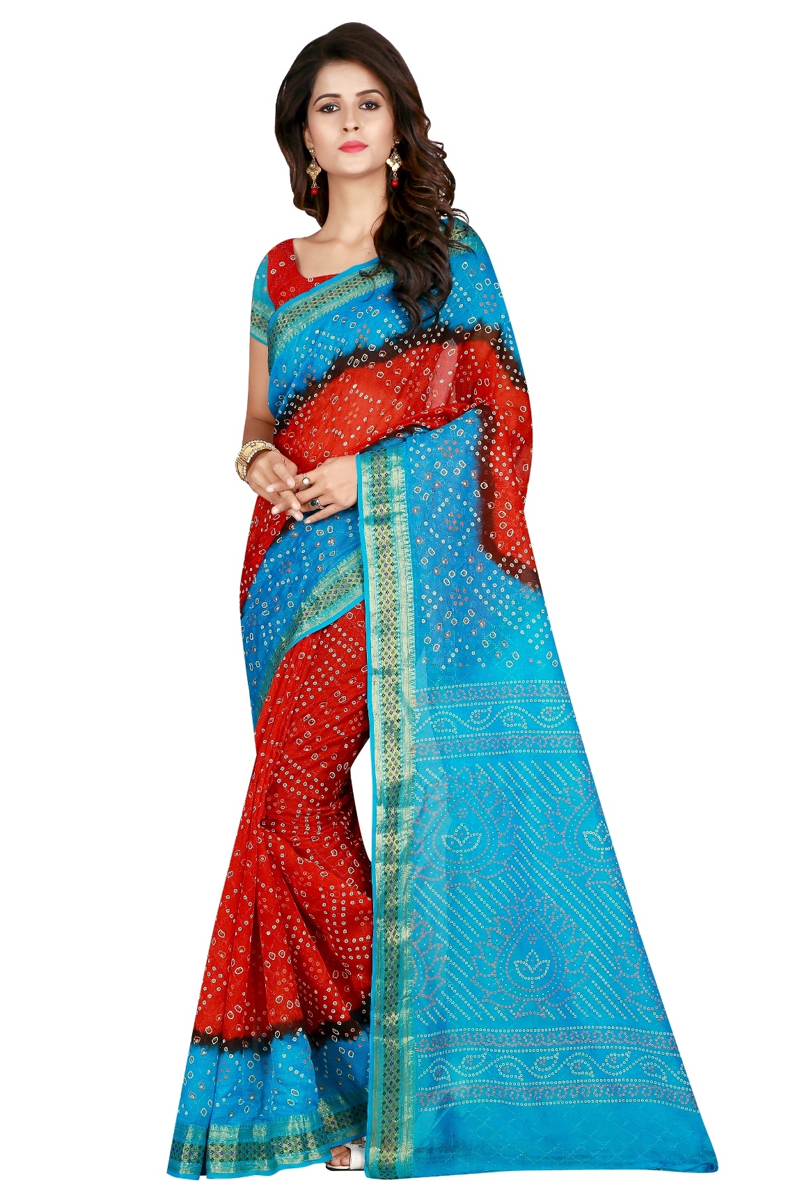 Pure Cotton Bandhani Saree - 5.5 Mtr Length, Multicolour With Zari Work Border | Printed Pattern, Dry Clean Care, Attached Blouse Piece