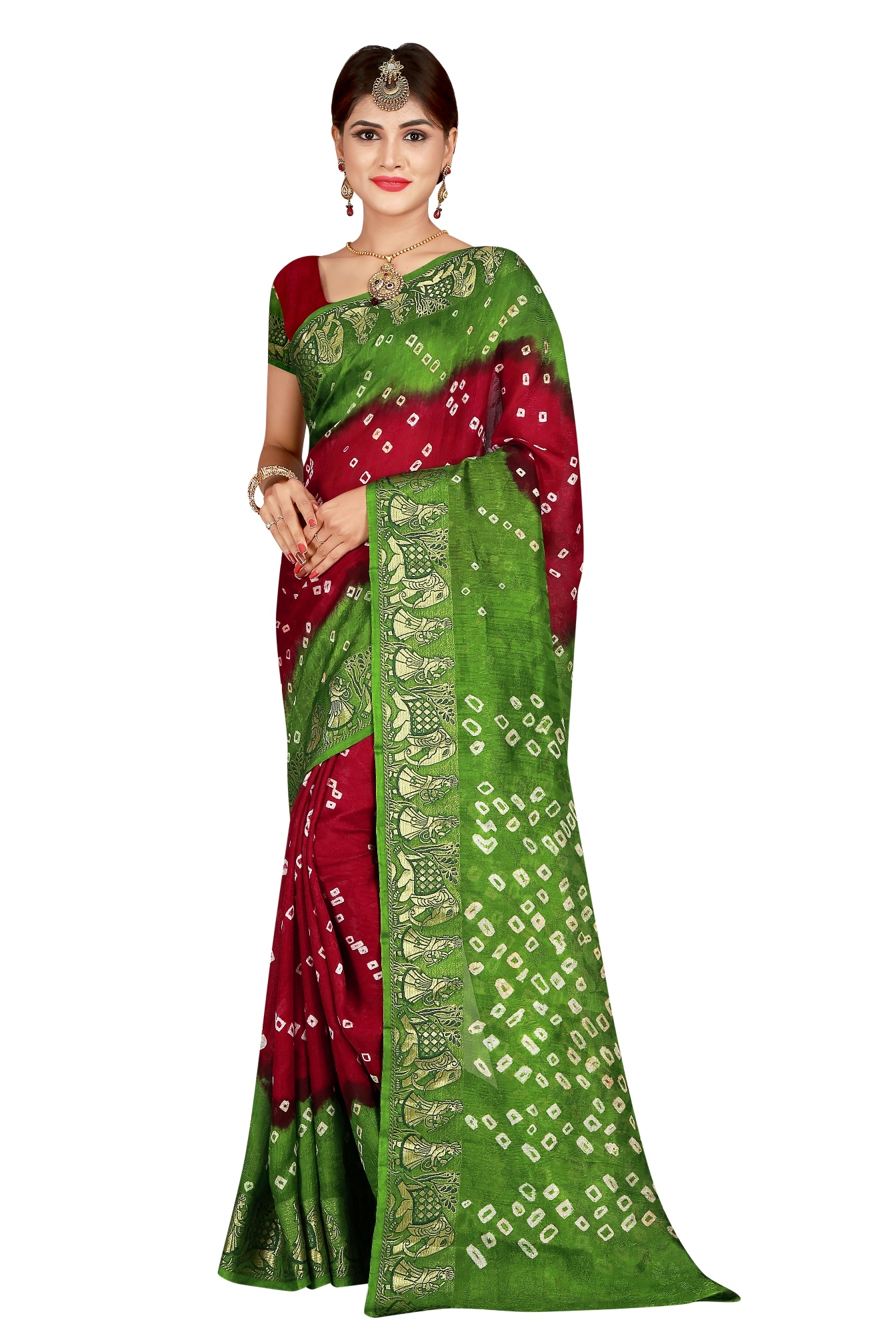 Elephant Design Pure Cotton Saree - 5.5 Mtr Length, Multicoloured With Golden Border | Zari Work, Printed Pattern, Attached Blouse Piece