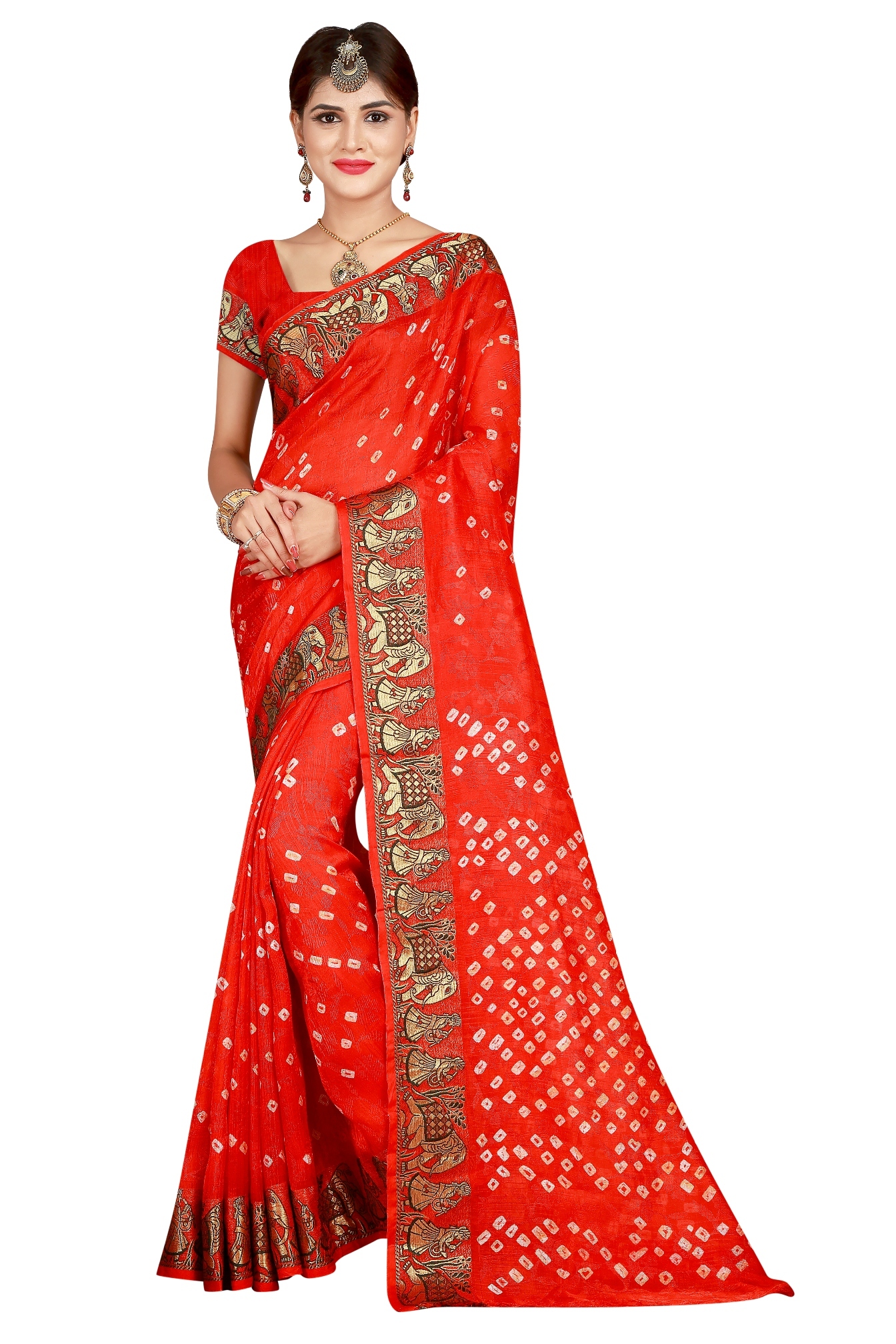 Elephant Design Pure Cotton Saree - 5.5 Mtr Length, Multicoloured With Golden Border | Zari Work, Printed Pattern, Attached Blouse Piece