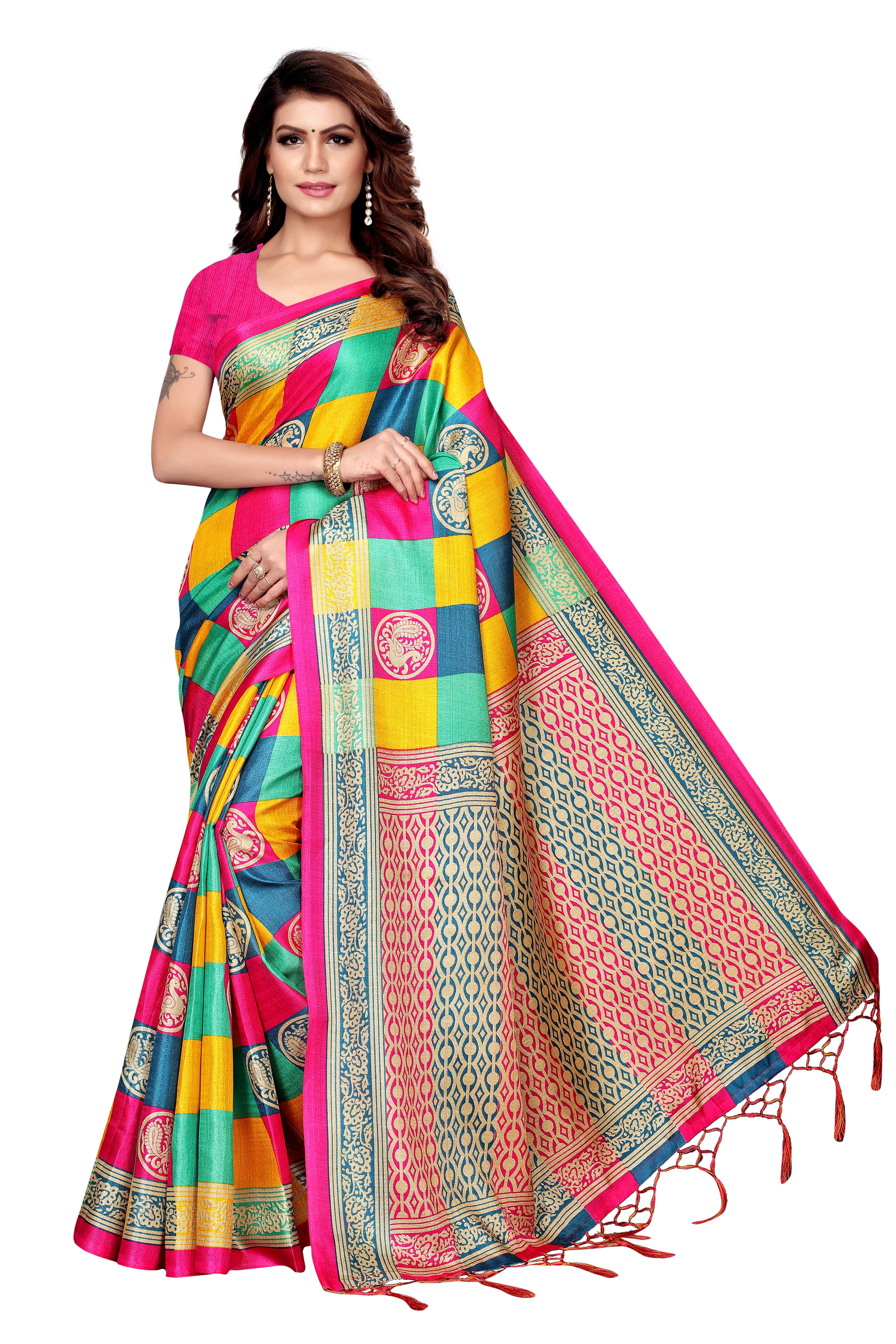 Fancy Cotton Silk Check Saree - 5.5 Mtr Length, 0.8 Mtr Blouse | Cotton Silk Fabric, Ideal For All Seasons, Dry Clean Only