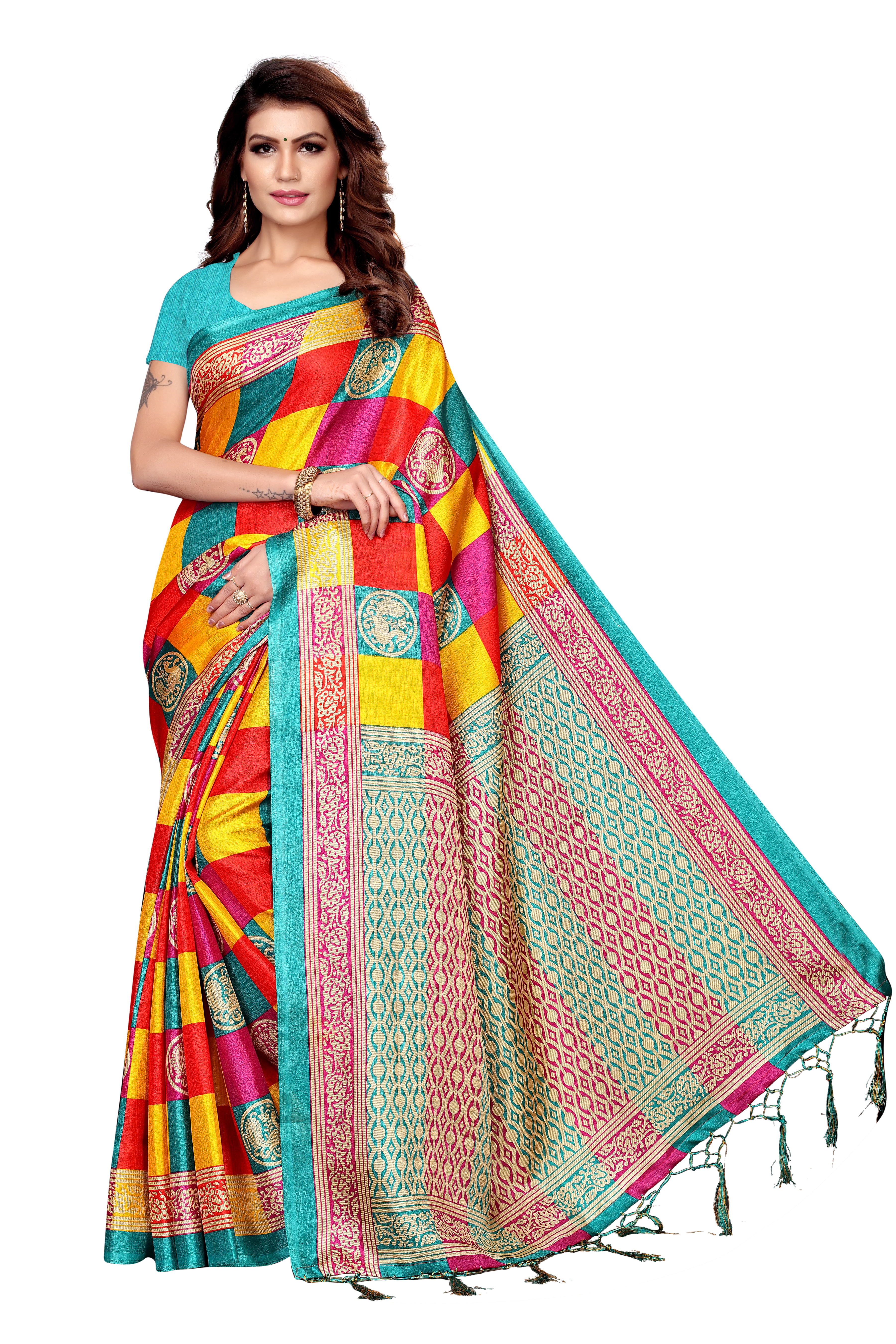 Fancy Cotton Silk Check Saree - 5.5 Mtr Length, 0.8 Mtr Blouse | Cotton Silk Fabric, Ideal For All Seasons, Dry Clean Only