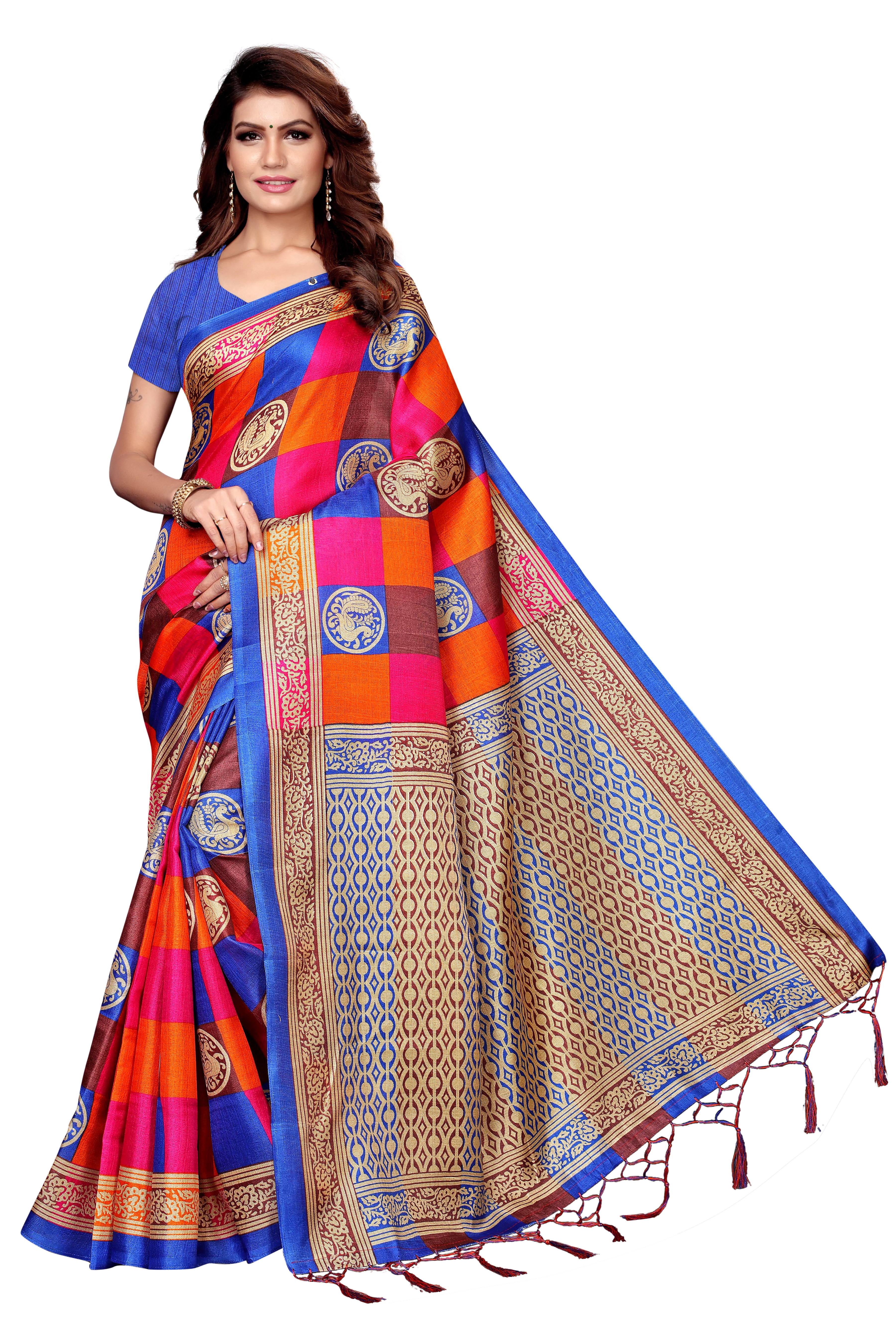 Fancy Cotton Silk Check Saree - 5.5 Mtr Length, 0.8 Mtr Blouse | Cotton Silk Fabric, Ideal For All Seasons, Dry Clean Only