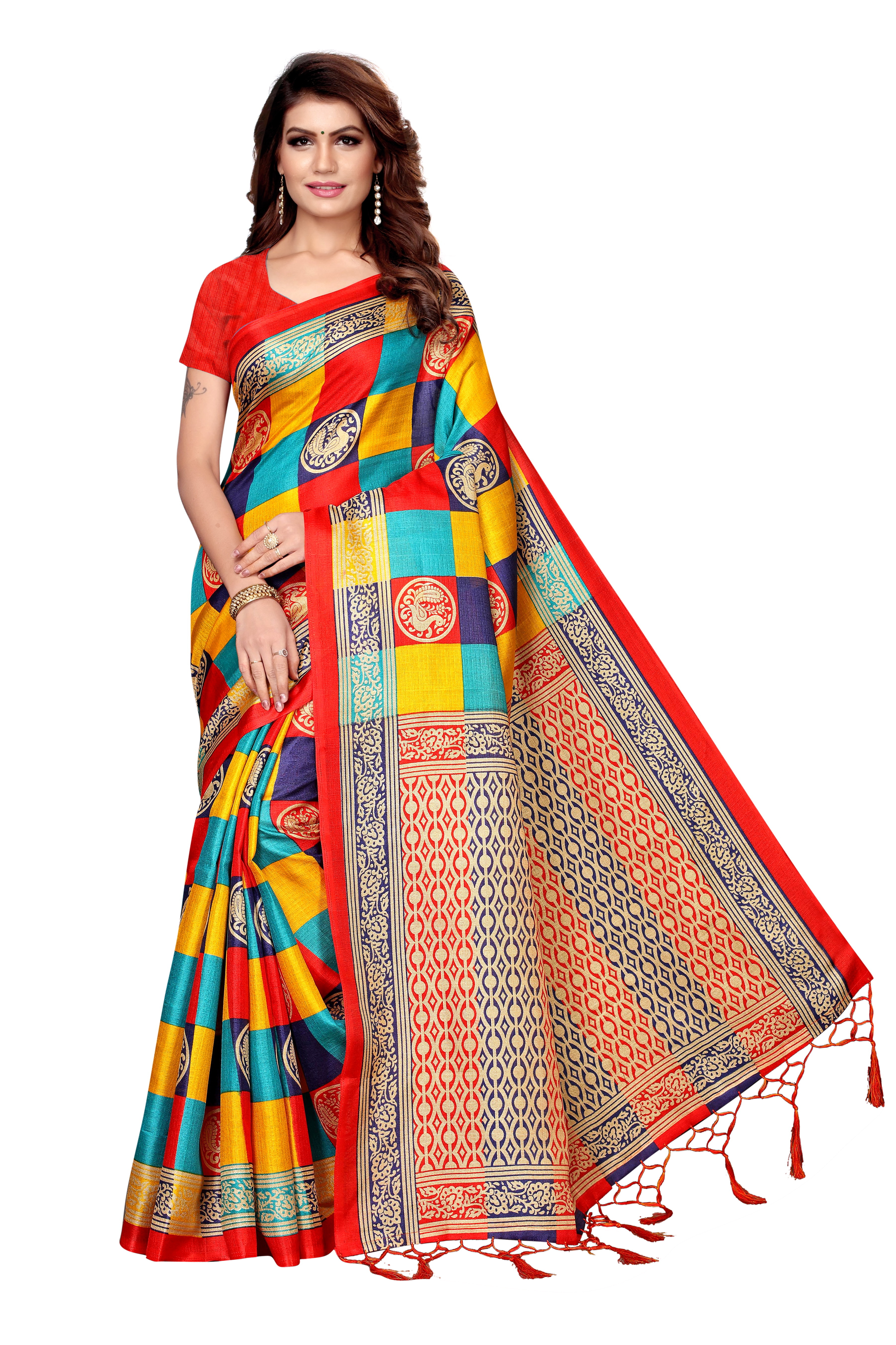 Fancy Cotton Silk Check Saree - 5.5 Mtr Length, 0.8 Mtr Blouse | Cotton Silk Fabric, Ideal For All Seasons, Dry Clean Only