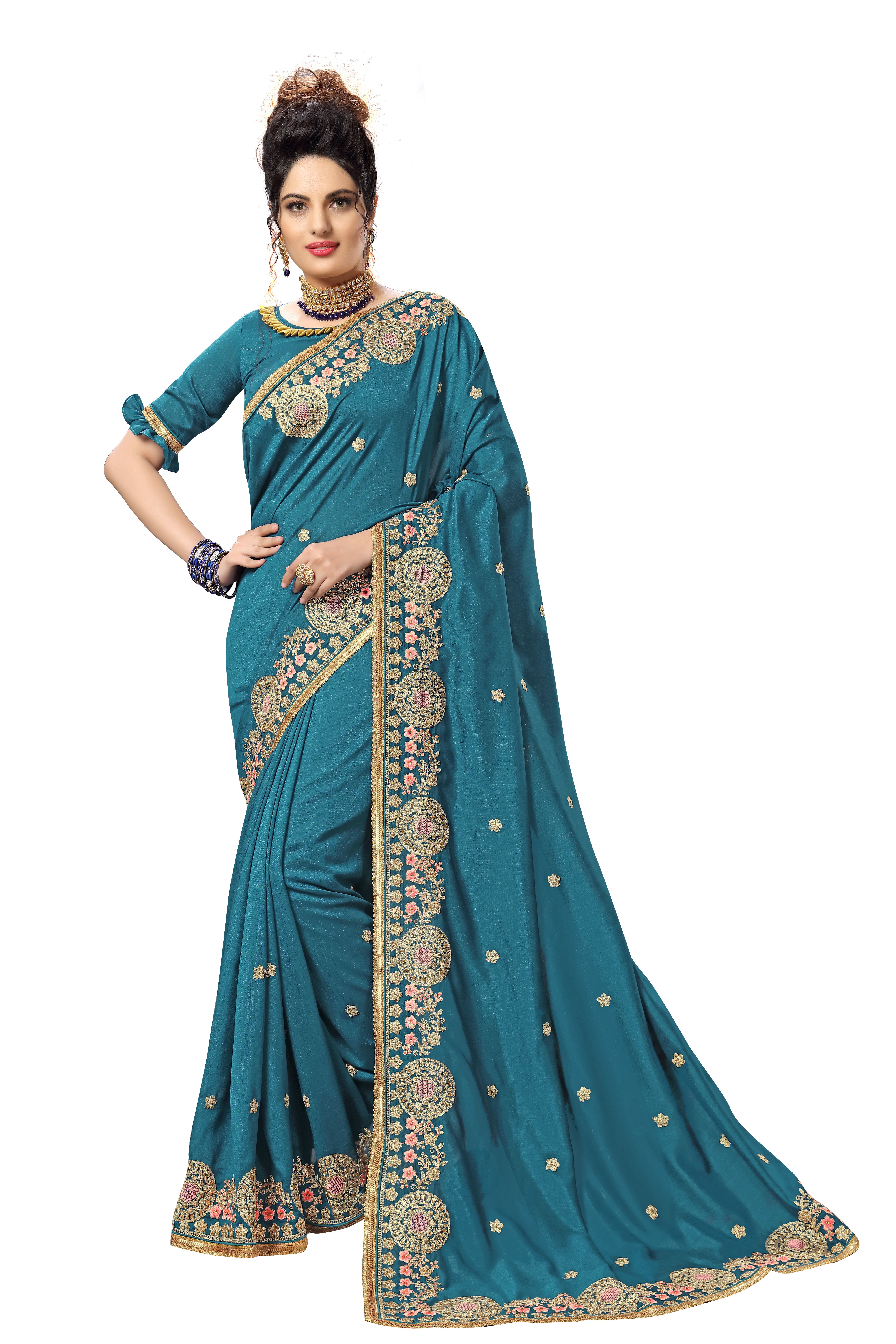 Blue Heavy Embroidery With Sequence Lace Border Saree Collection