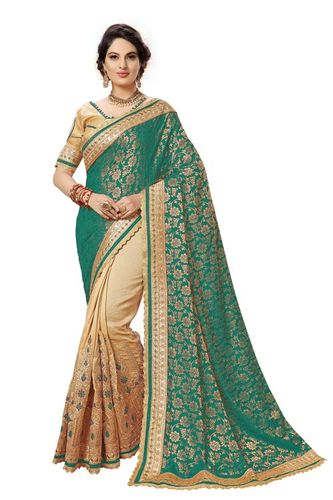 Embellished Lace Border Geometric Embroidered Saree - 5.5 Mtr Jacquard Silk, 0.80 Mtr Broket Blouse | Hand Embroidery, Ideal for Parties and Festivals, Vibrant Green
