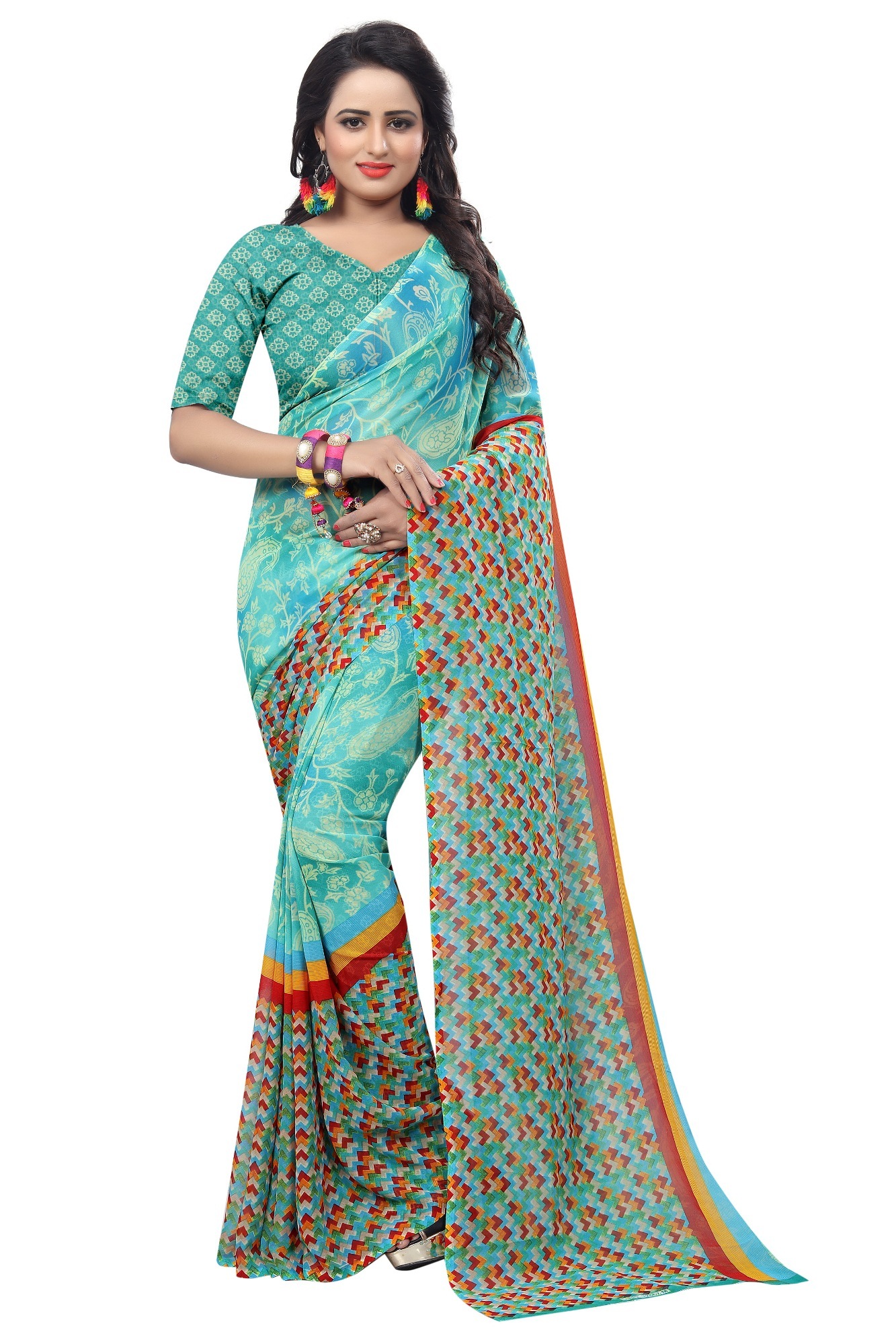 Georgette Weightless Saree - 5.5 Mtr Length, 0.8 Mtr Blouse | Georgette Material, Plain Pattern, Bollywood Style, Warranty Included, Suitable For All Seasons