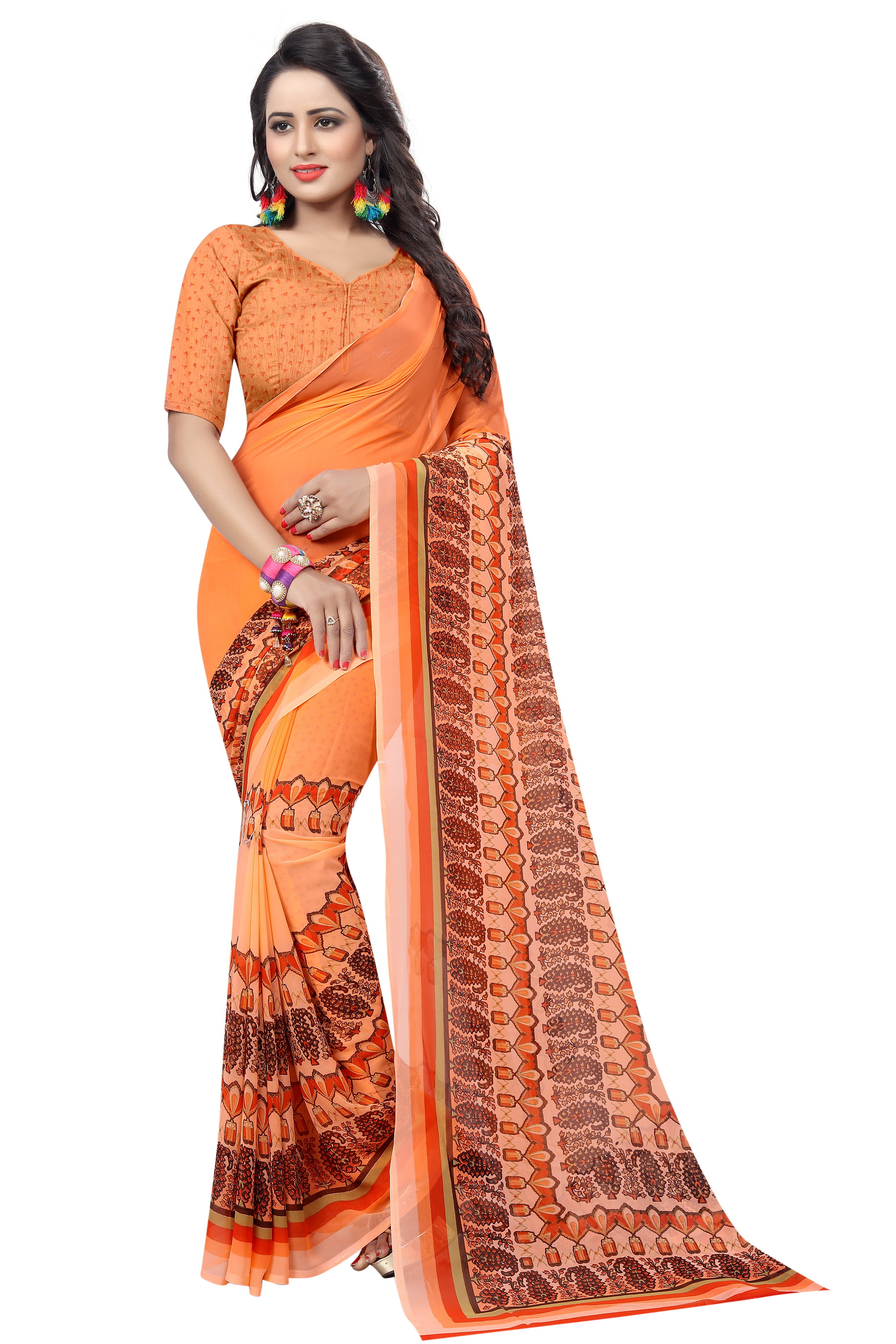Georgette Weightless Saree - 5.5 Mtr Length, 0.8 Mtr Blouse | Georgette Material, Plain Pattern, Bollywood Style, Warranty Included, Suitable For All Seasons