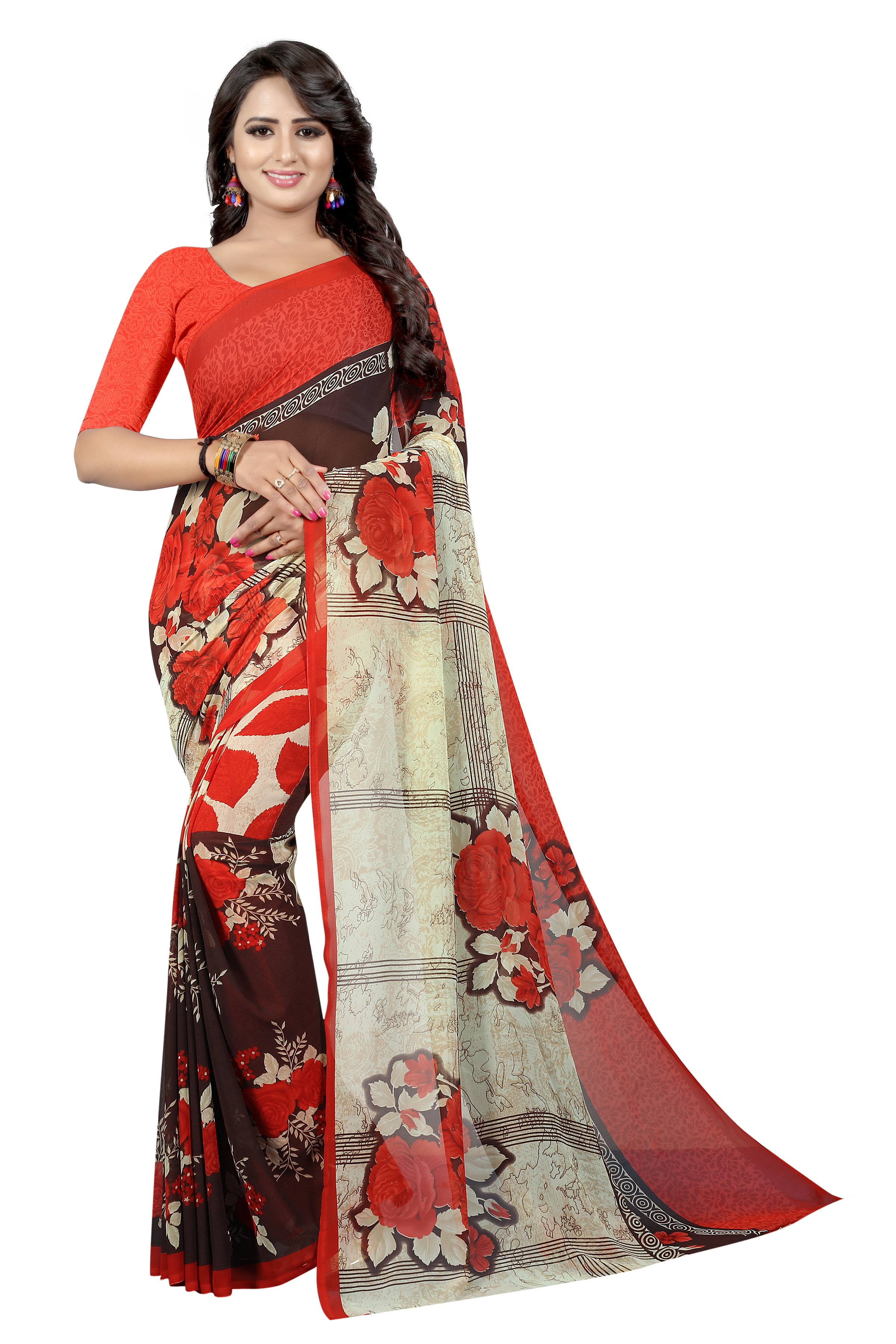 Georgette Weightless Saree - 5.5 Mtr Length, 0.8 Mtr Blouse | Georgette Material, Plain Pattern, Bollywood Style, Warranty Included, Suitable For All Seasons