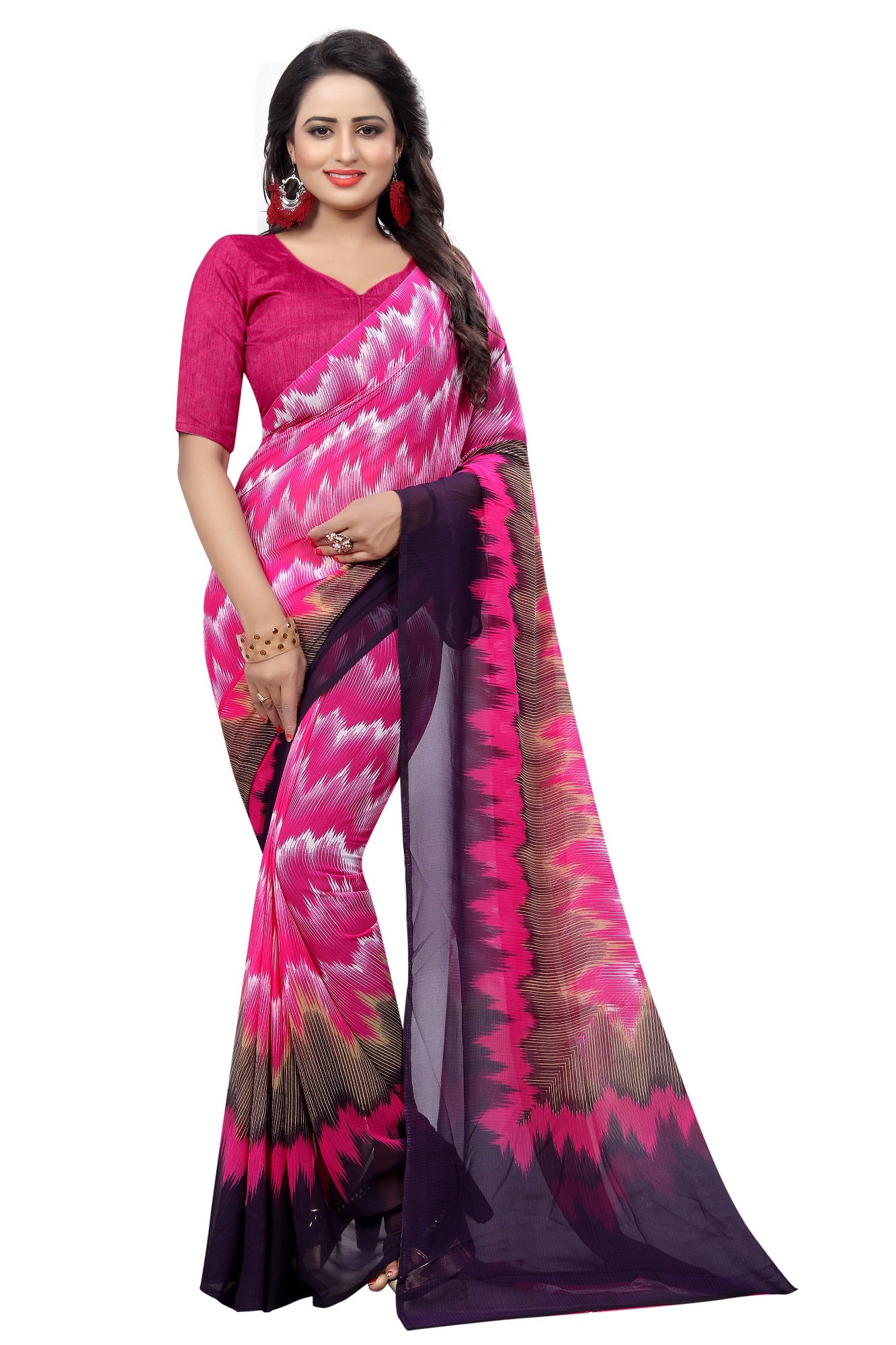 Georgette Weightless Saree - 5.5 Mtr Length, 0.8 Mtr Blouse | Georgette Material, Plain Pattern, Bollywood Style, Warranty Included, Suitable For All Seasons