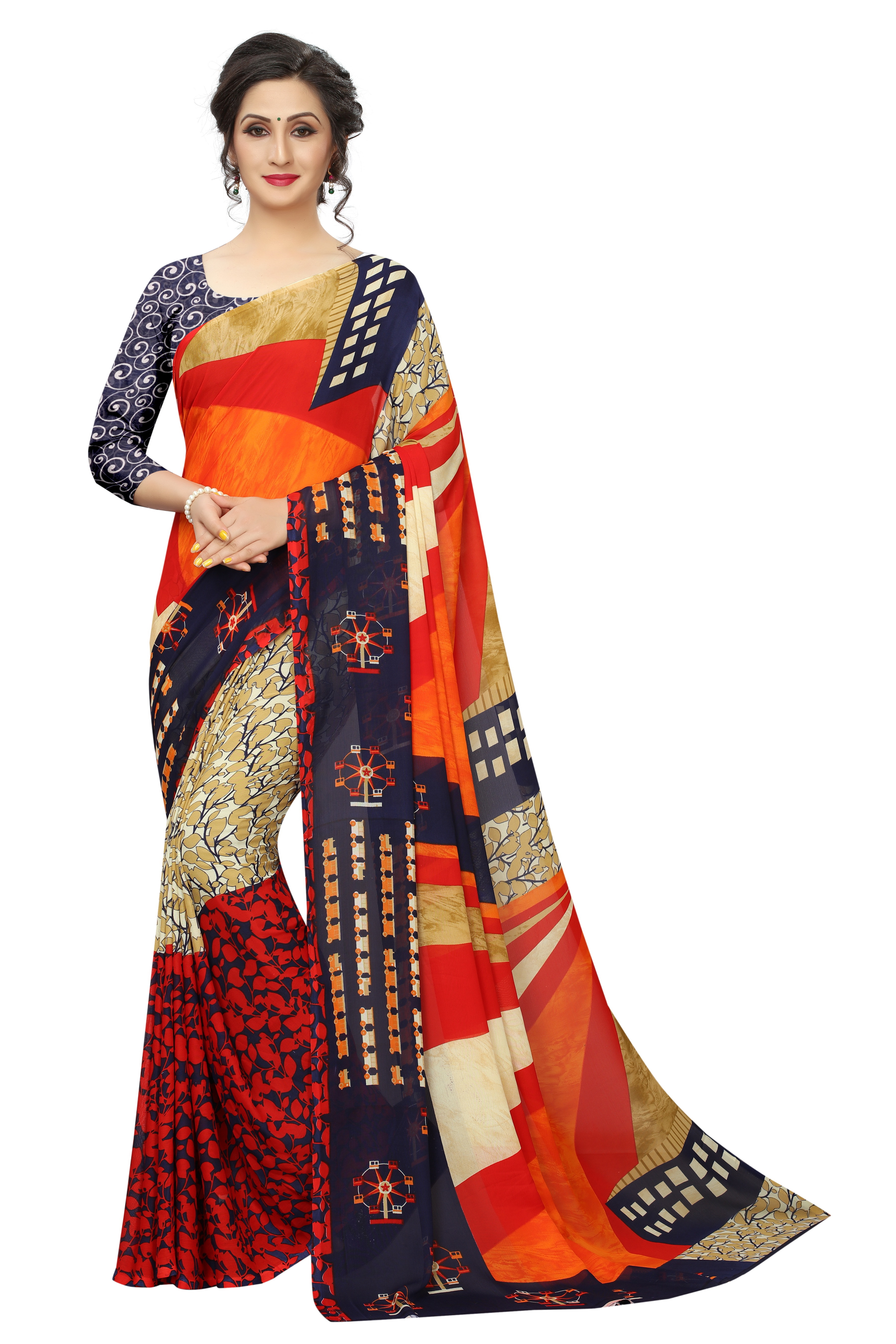 Fancy Heavy Georgette Saree - Khadi Silk, 5.5 Mtr Length, 0.8 Mtr Blouse | Printed Pattern, Lace Closure, Warranty Included, For All Seasons