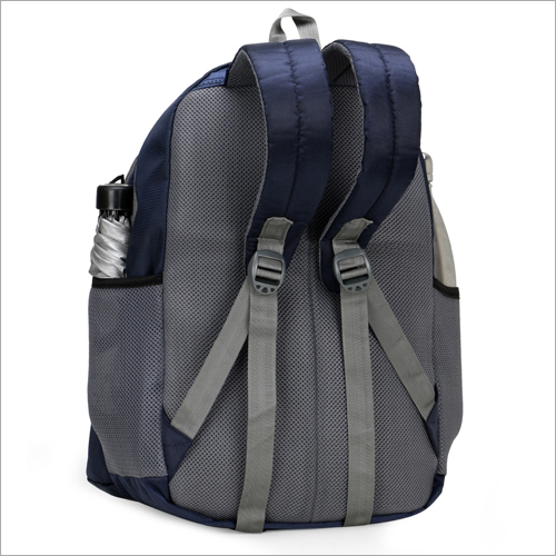 School Bag - Polyester, Standard Size, Navy Blue With White | Padded Adjustable Straps, Two Compartments, Laptop Holder, Dual Mesh Bottle Pockets