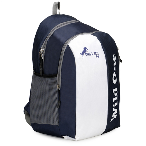 School Bag - Polyester, Standard Size, Navy Blue With White | Padded Adjustable Straps, Two Compartments, Laptop Holder, Dual Mesh Bottle Pockets