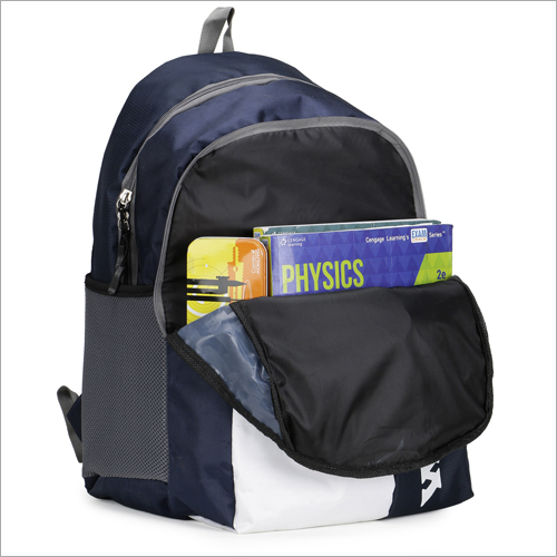 School Bag - Polyester, Standard Size, Navy Blue With White | Padded Adjustable Straps, Two Compartments, Laptop Holder, Dual Mesh Bottle Pockets
