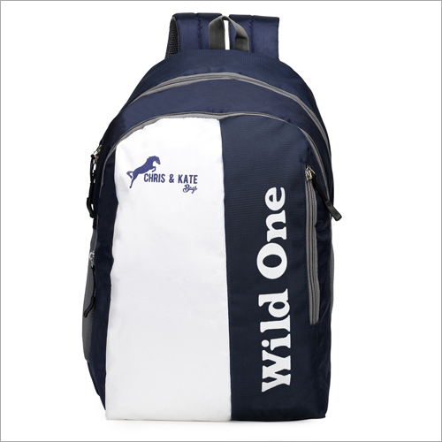 School Bag - Polyester, Standard Size, Navy Blue With White | Padded Adjustable Straps, Two Compartments, Laptop Holder, Dual Mesh Bottle Pockets