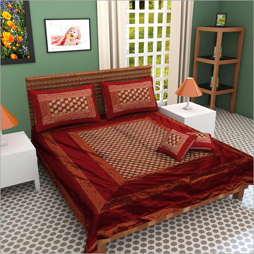 ज़री बॉर्डर डबल बेड शीट के साथ 100% सिल्क मैरून रंग धोने योग्य
