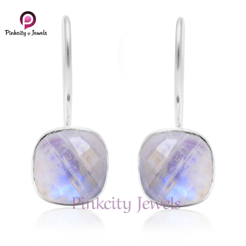 प्राकृतिक इंद्रधनुष मूनस्टोन 925 सिल्वर ईयररिंग हूप इयररिंग्स