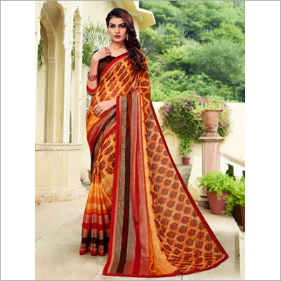 Yellow and Brown Mineral Chiffon Saree - Chiffon Fabric, Lightweight, Multicolor, Printed Pattern, Patch Work Design, Two Tone Weaved Border