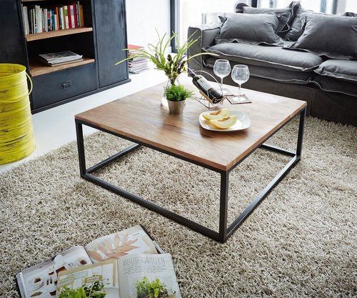 Wooden Center Coffee Table Iron Base Fossil Indoor Furniture