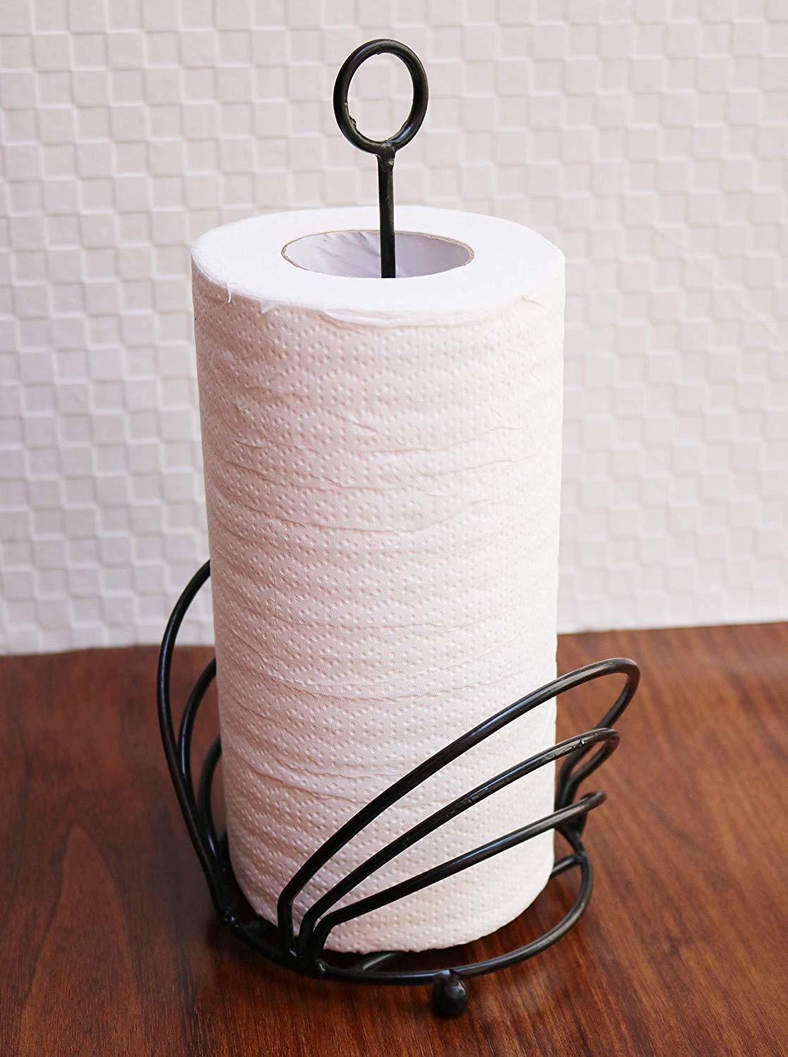 Wrought Iron Paper Towel Holder - 25cm Height, 13cm Diameter | Handmade Black Napkin Dispenser With Elegant Flower Design
