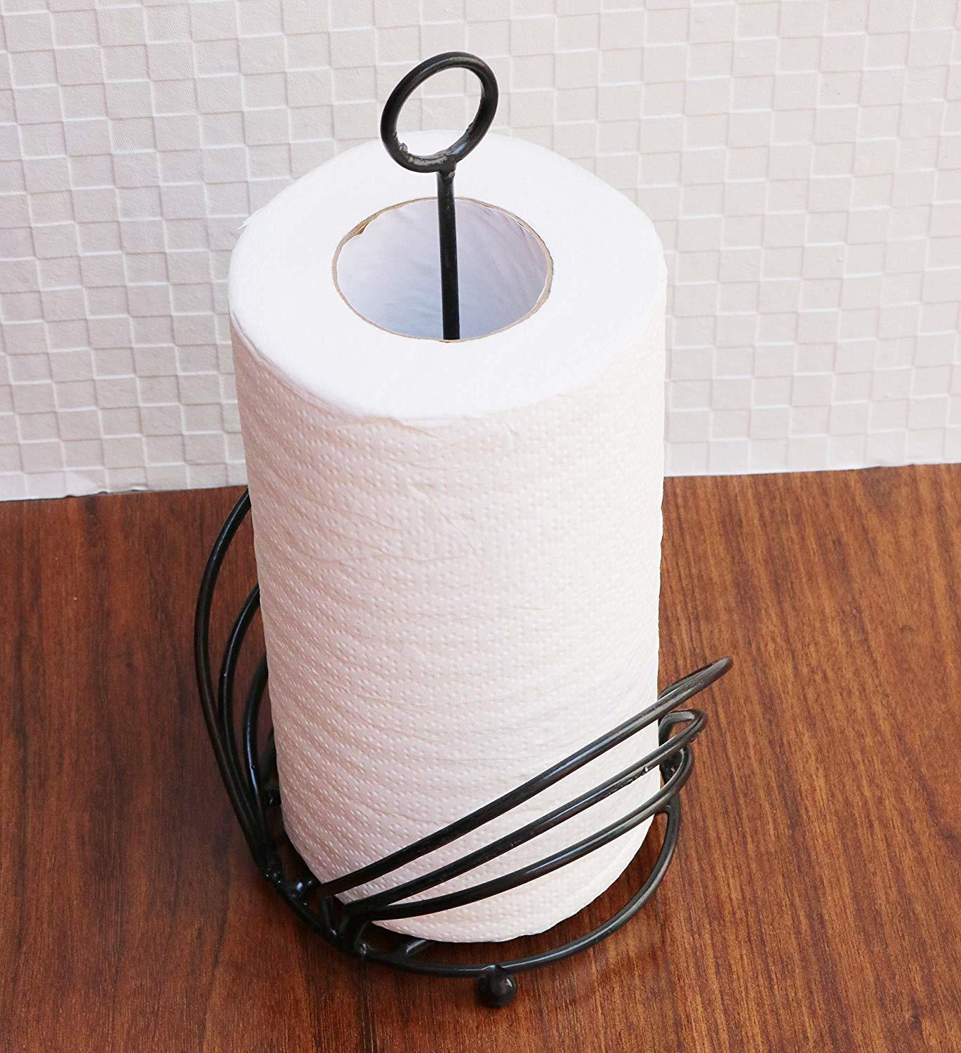 Wrought Iron Paper Towel Holder - 25cm Height, 13cm Diameter | Handmade Black Napkin Dispenser With Elegant Flower Design