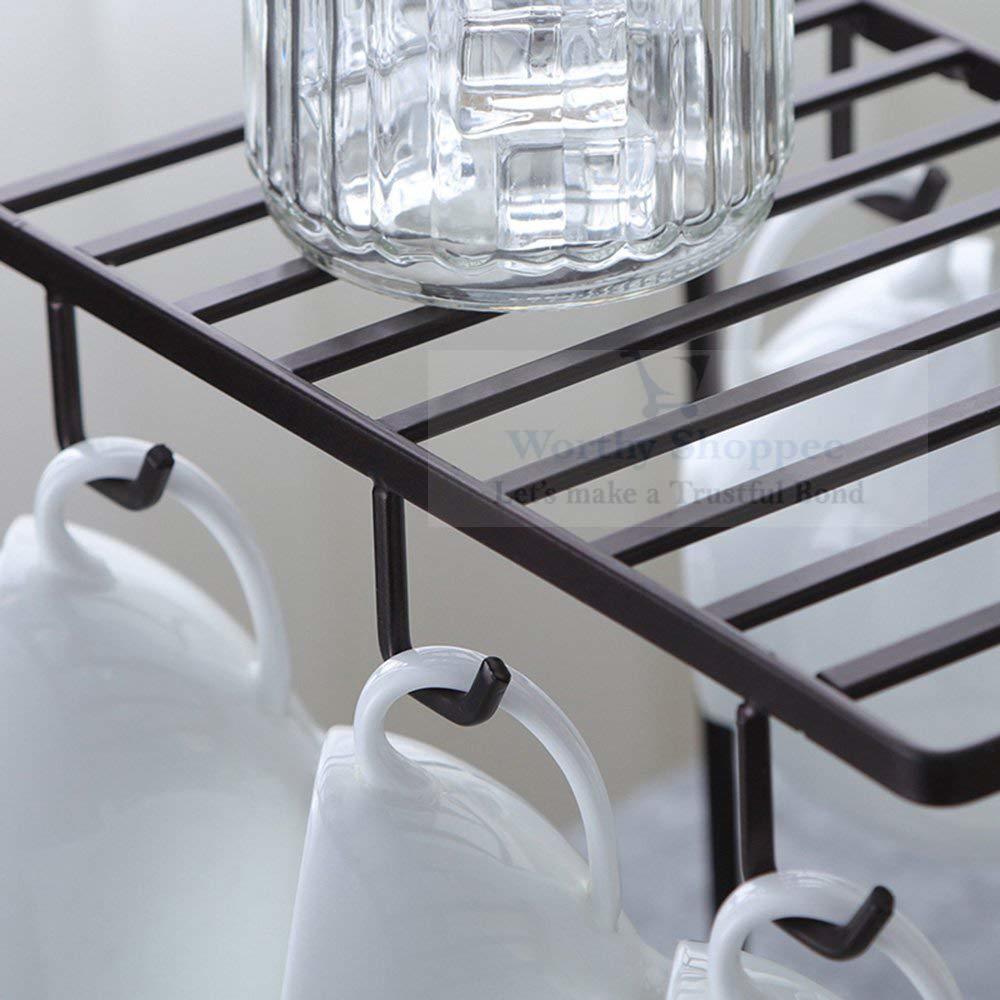Coffee Mug Cup Holder Cup And Plate Stand With 6 Hooks For Large Mug - 9.5 X 9.1 Inch | Black, Elegant Design, Multi Vertical Organizer For Mugs And Plates