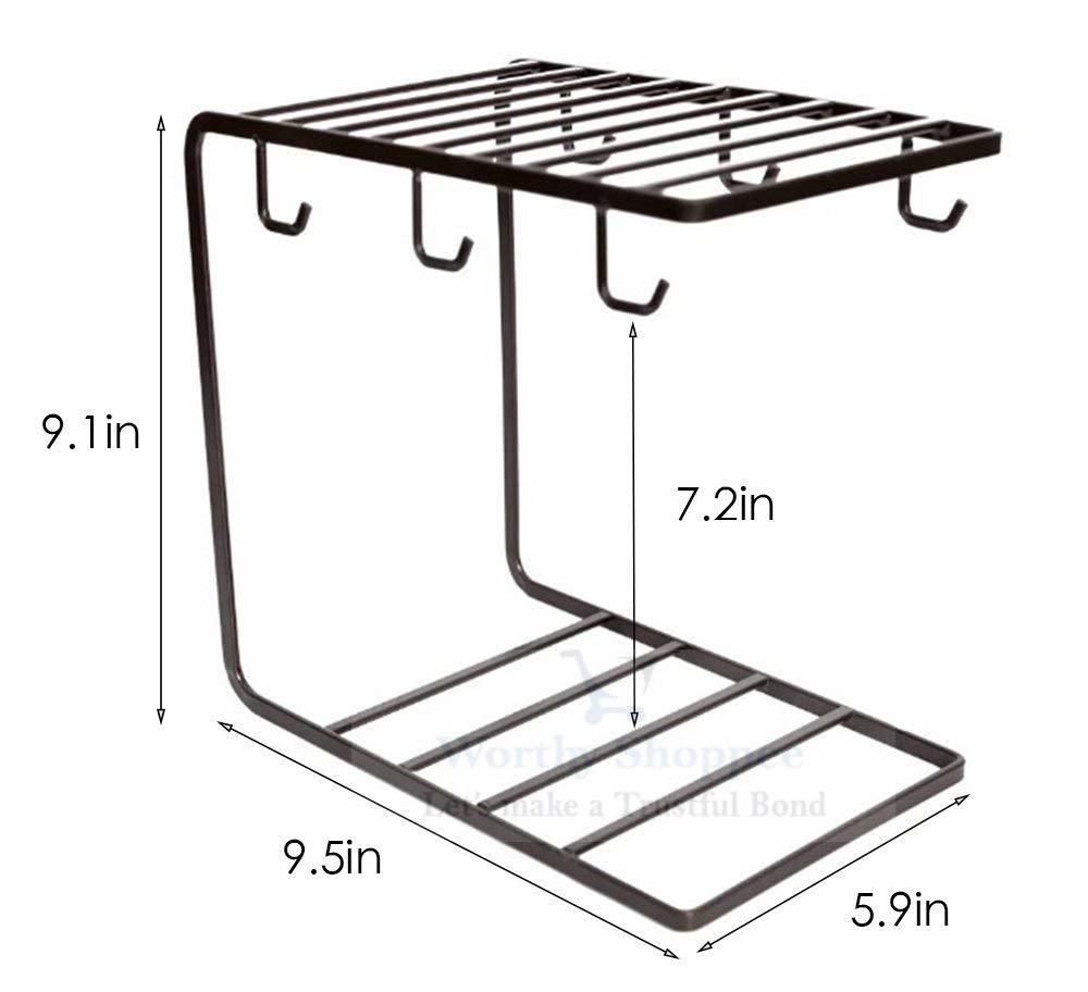 Coffee Mug Cup Holder Cup And Plate Stand With 6 Hooks For Large Mug - 9.5 X 9.1 Inch | Black, Elegant Design, Multi Vertical Organizer For Mugs And Plates
