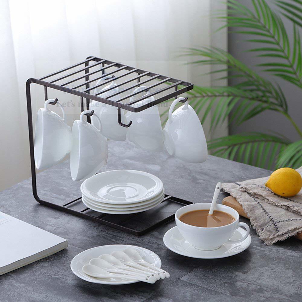 Coffee Mug Cup Holder Cup And Plate Stand With 6 Hooks For Large Mug - 9.5 X 9.1 Inch | Black, Elegant Design, Multi Vertical Organizer For Mugs And Plates