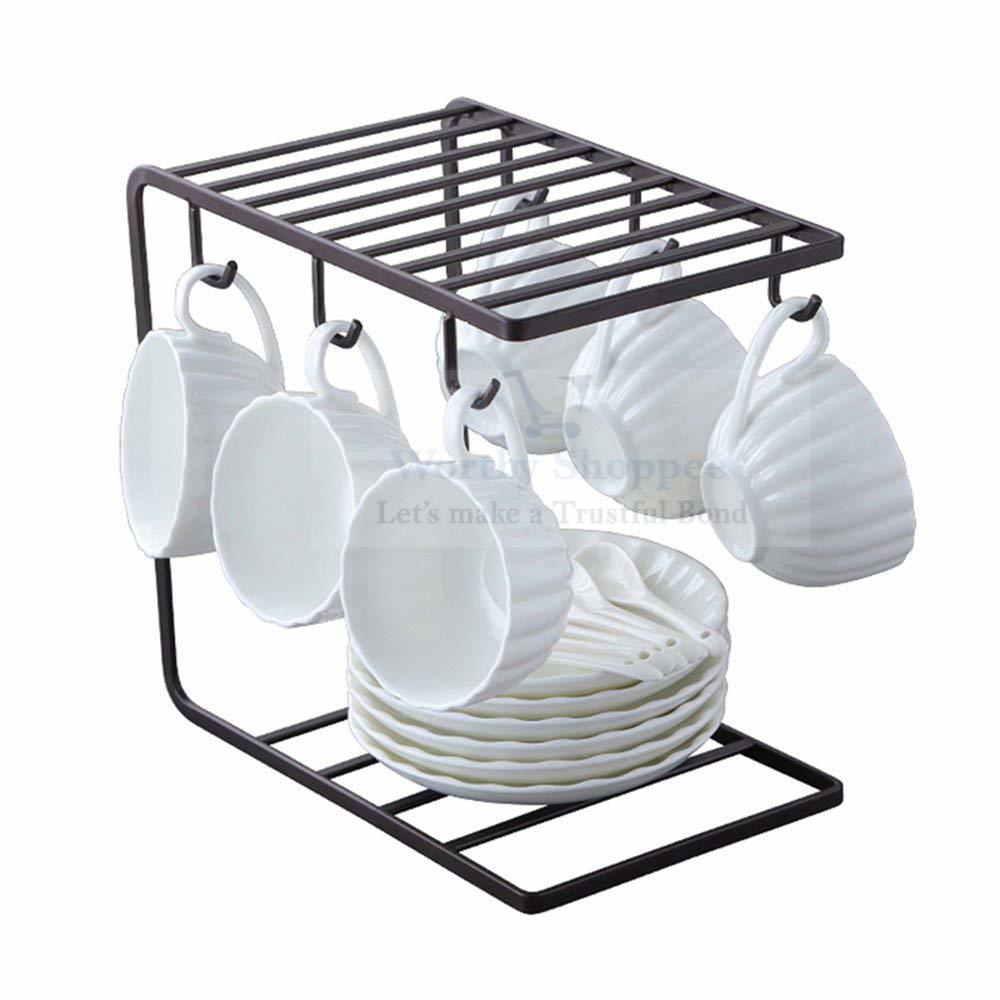 Coffee Mug Cup Holder Cup And Plate Stand With 6 Hooks For Large Mug - 9.5 X 9.1 Inch | Black, Elegant Design, Multi Vertical Organizer For Mugs And Plates