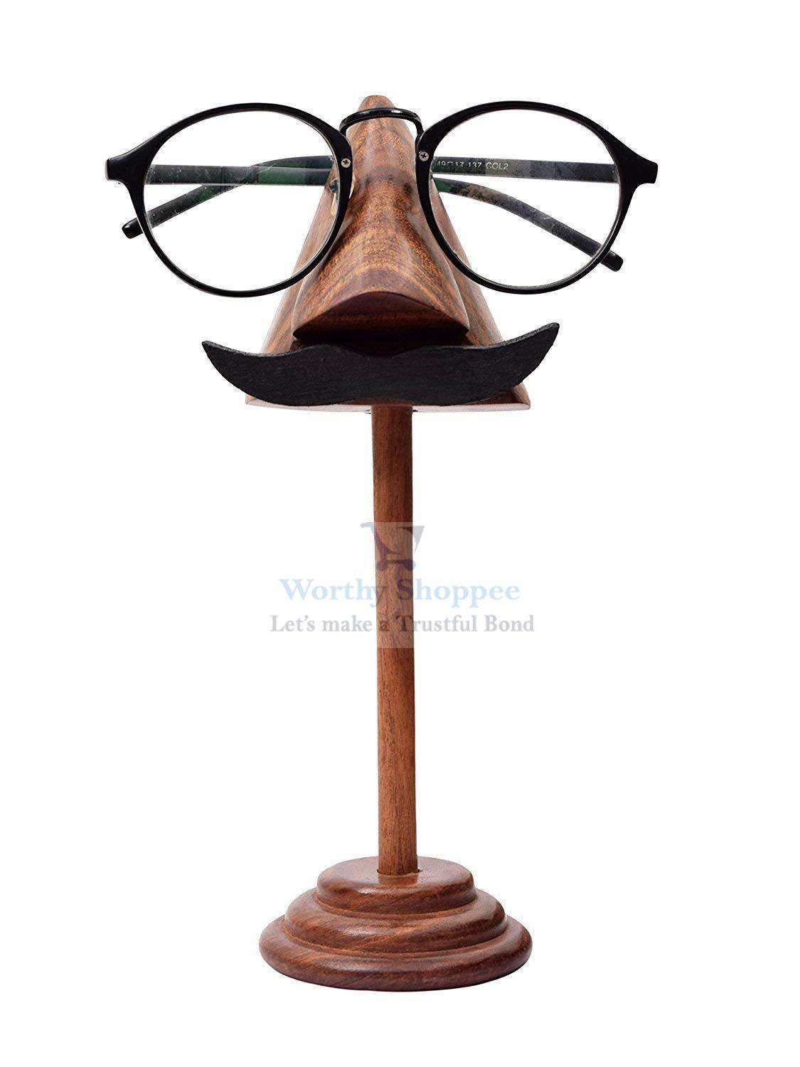 Mustache Handmade Wooden Nose Shaped Spectacle Holder - Wooden | Unique Design For Eyeglasses, Perfect Gift For Friends And Family