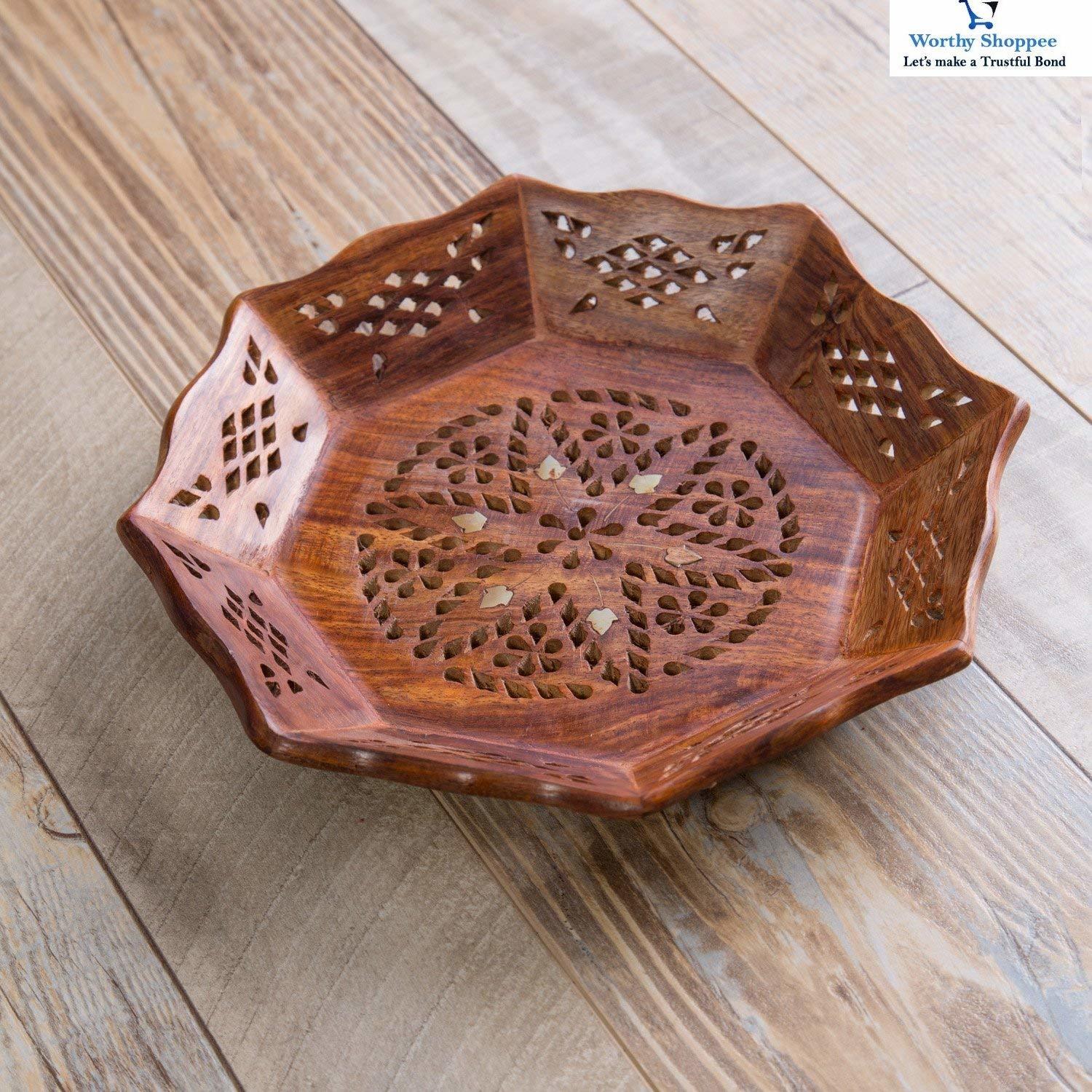 Wooden Serving Tray - Medium (11.5 X 11.5 X 2 In), Handmade Brass Meshwork Design, Engraved "Love Family Love Friend," Perfect For Hosting Tea, Coffee, Snacks, And Parties