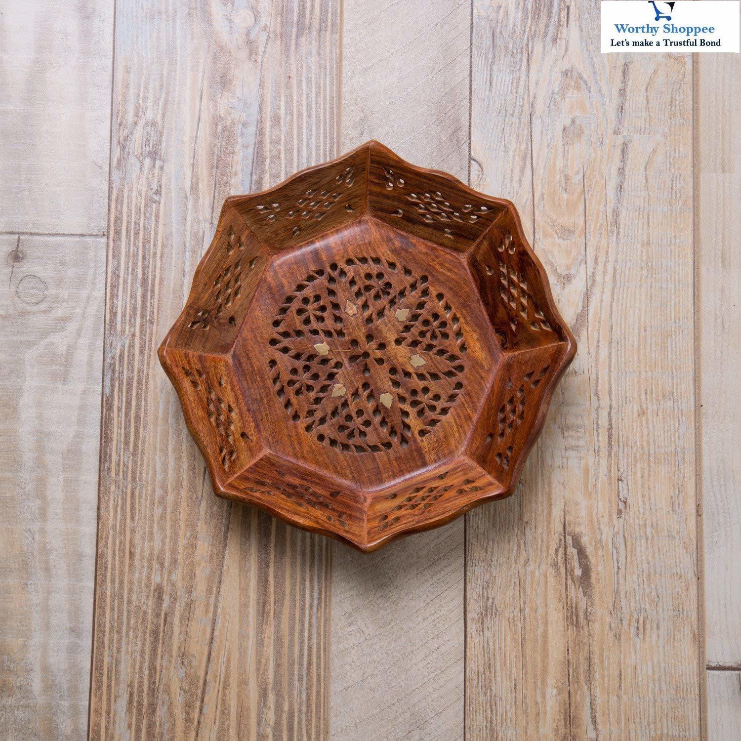 Wooden Serving Tray - Medium (11.5 X 11.5 X 2 In), Handmade Brass Meshwork Design, Engraved "Love Family Love Friend," Perfect For Hosting Tea, Coffee, Snacks, And Parties