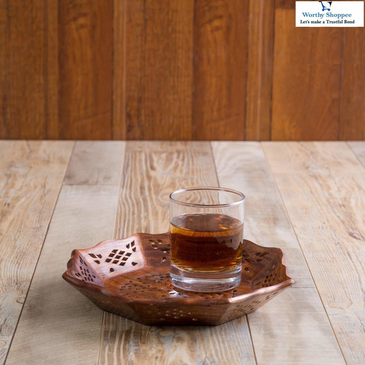 Wooden Serving Tray - Medium (11.5 X 11.5 X 2 In), Handmade Brass Meshwork Design, Engraved "Love Family Love Friend," Perfect For Hosting Tea, Coffee, Snacks, And Parties