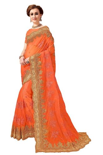 Traditional Heavy Embroidered Net Saree In Orange