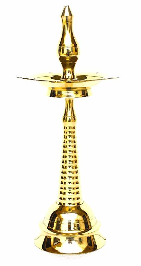 Gold Seven Faced Standalone Brass Oil Lamp With Peacock
