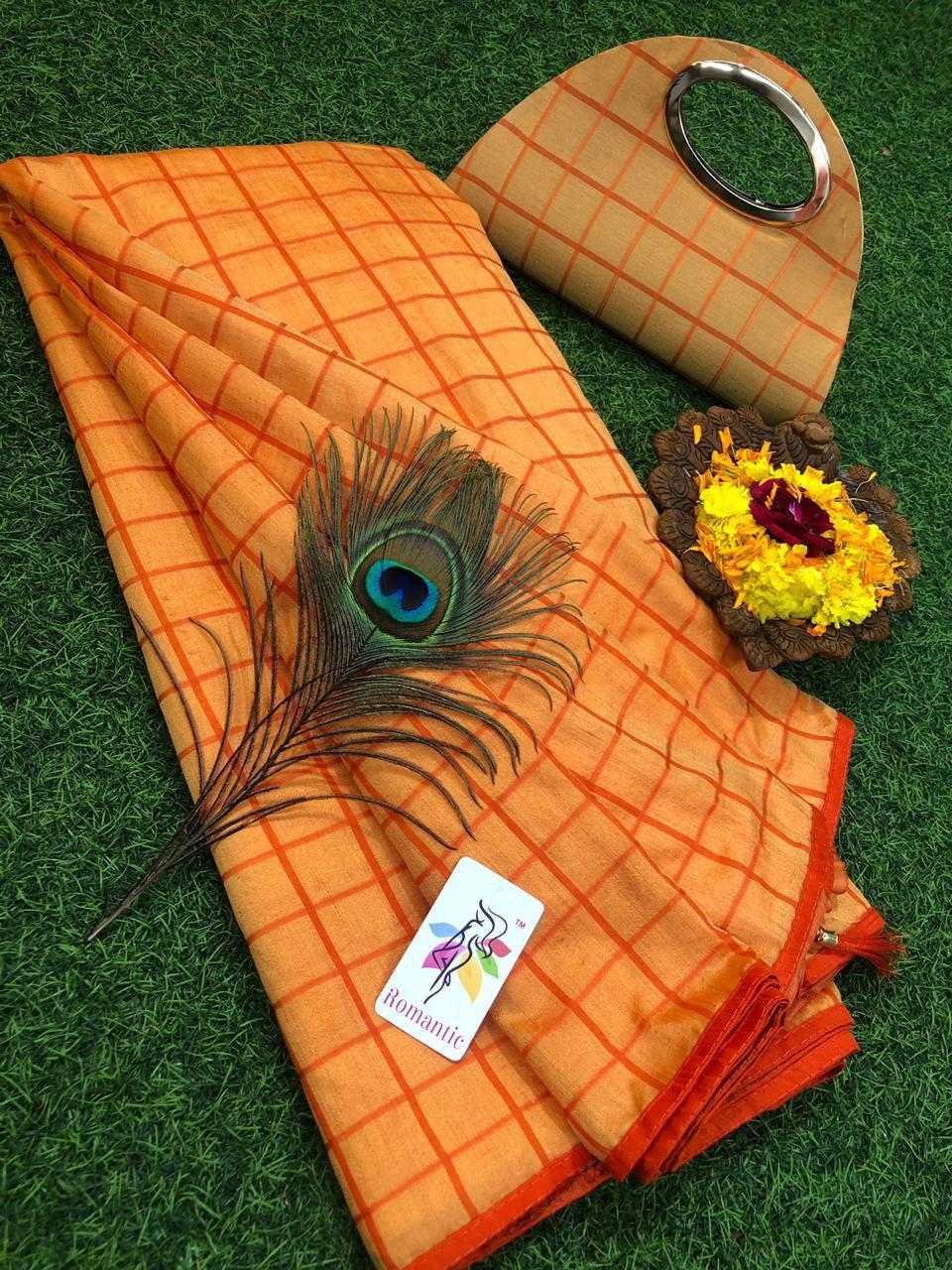 Designer Vichitra Printed Saree With Matching Clutch - Multicolor Checked Pattern | Romantic Style For All Seasons