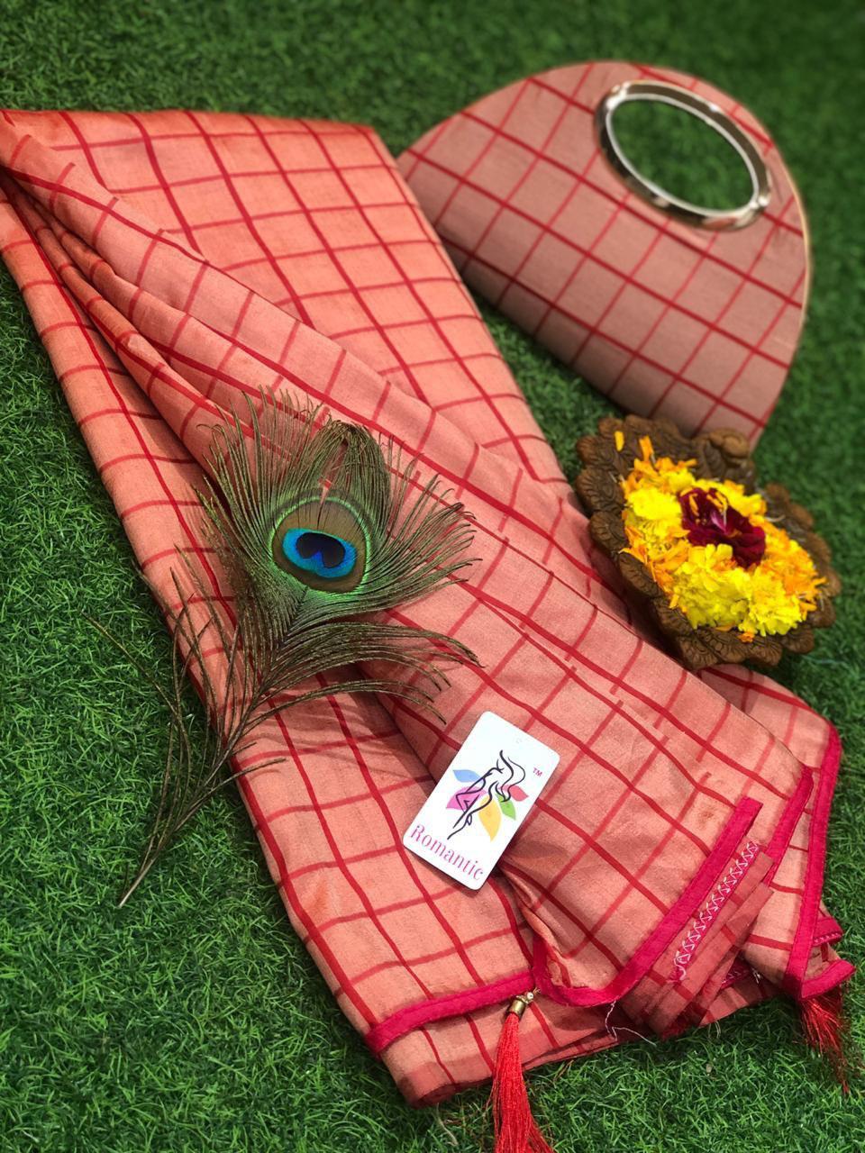 Designer Vichitra Printed Saree With Matching Clutch - Multicolor Checked Pattern | Romantic Style For All Seasons