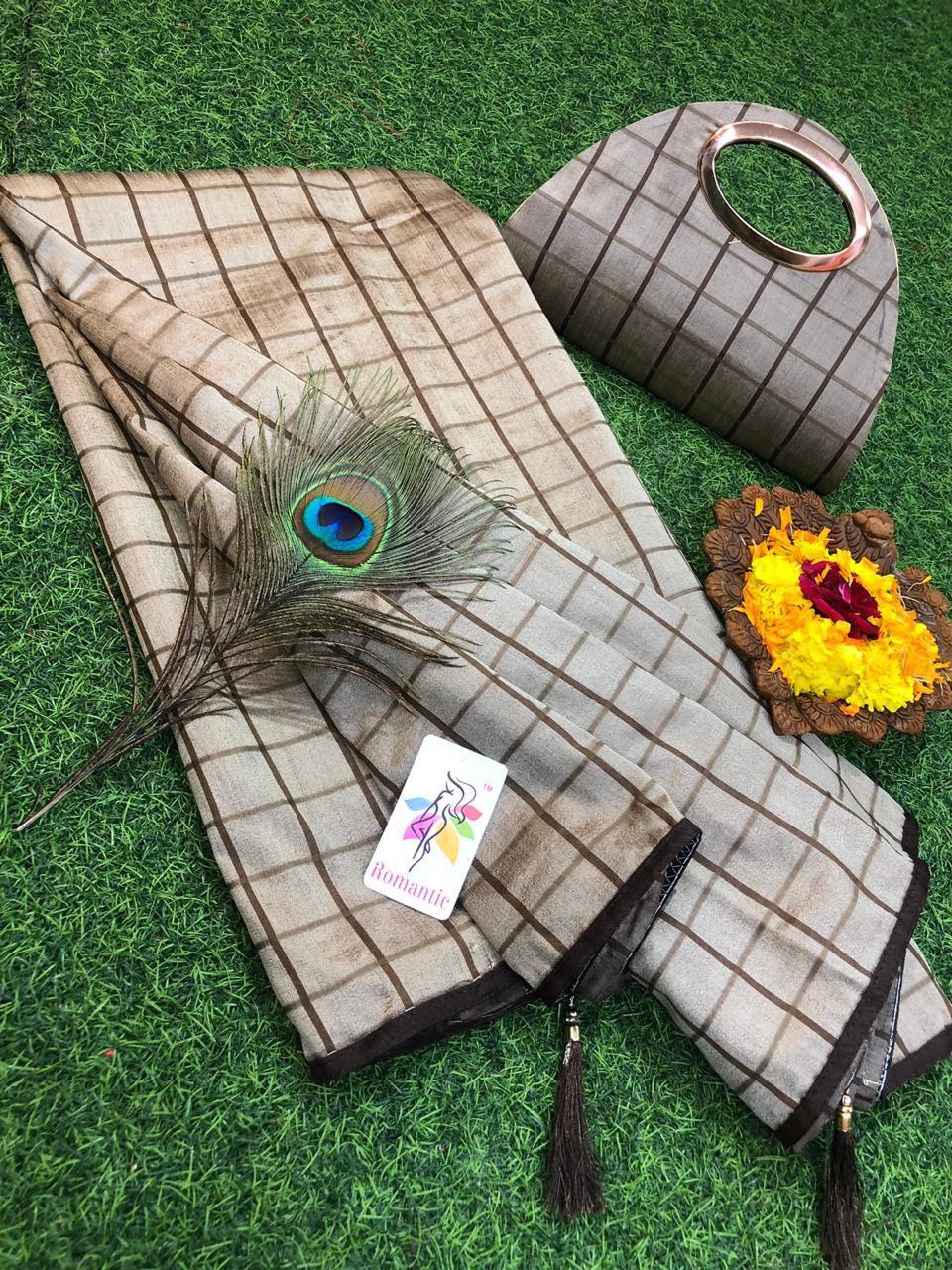 Designer Vichitra Printed Saree With Matching Clutch - Multicolor Checked Pattern | Romantic Style For All Seasons