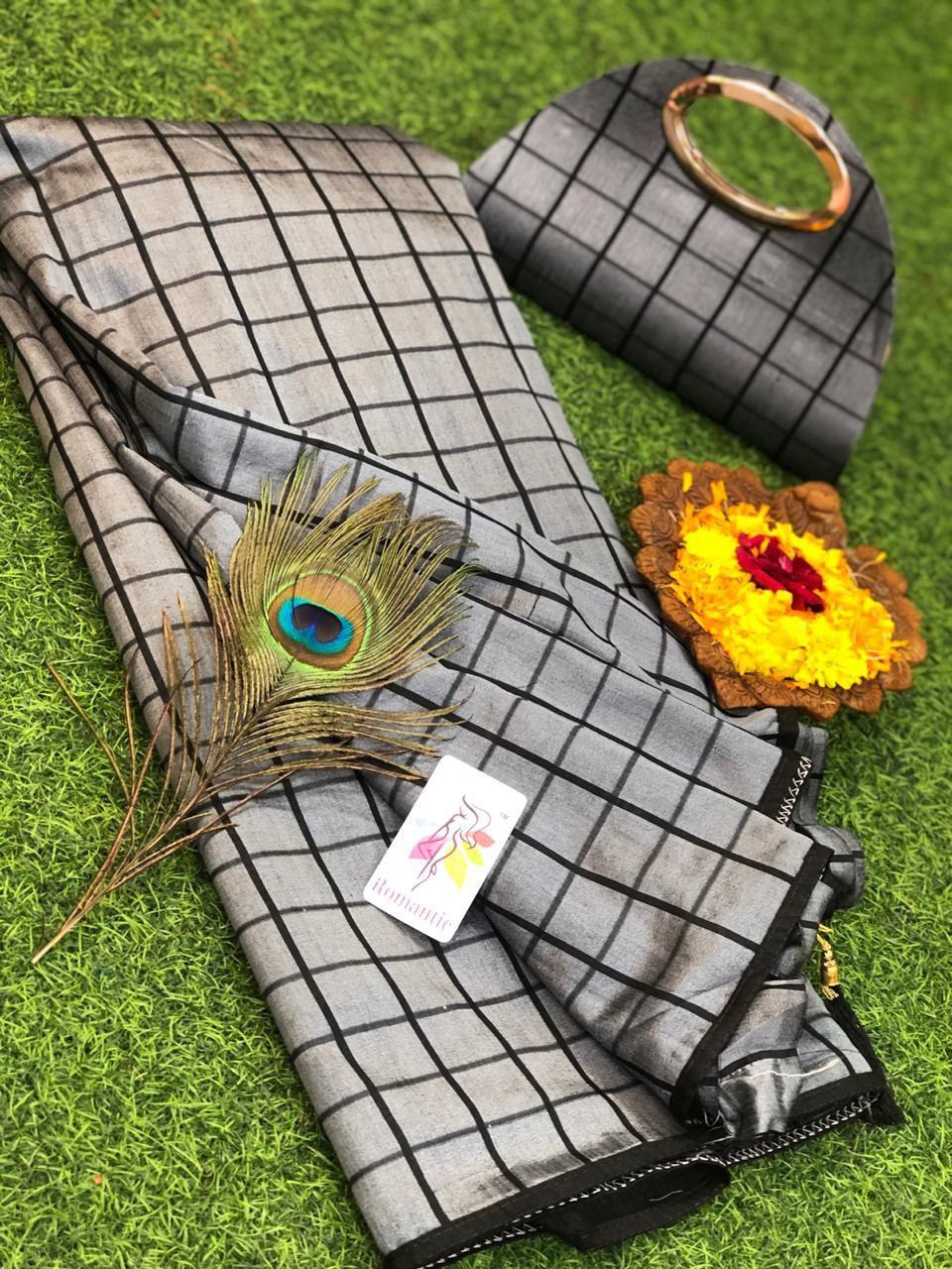 Designer Vichitra Printed Saree With Matching Clutch - Multicolor Checked Pattern | Romantic Style For All Seasons