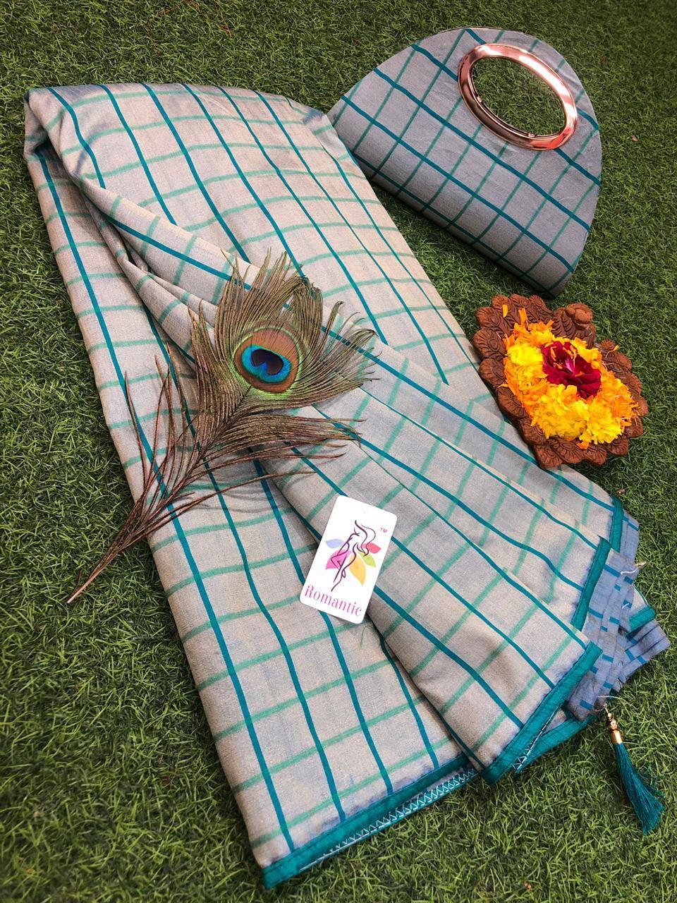 Designer Vichitra Printed Saree With Matching Clutch - Multicolor Checked Pattern | Romantic Style For All Seasons