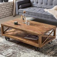  लोहे के पहियों के साथ लकड़ी का केंद्र कॉफी टेबल 