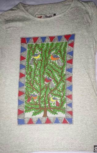 Indian Solid Women Round Neck Grey T-Shirt Hand Painted