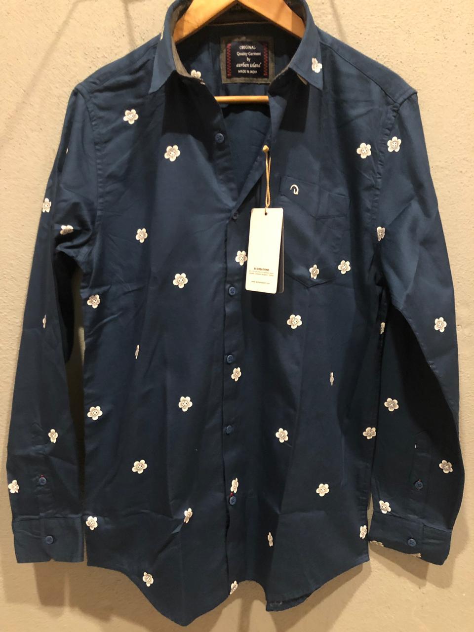 Printed Shirt - Cotton, Sizes: M, L, Xl | Classic Collar, Navy Color, Full Sleeves, Designer Print, Suitable For Rainy Season, Male