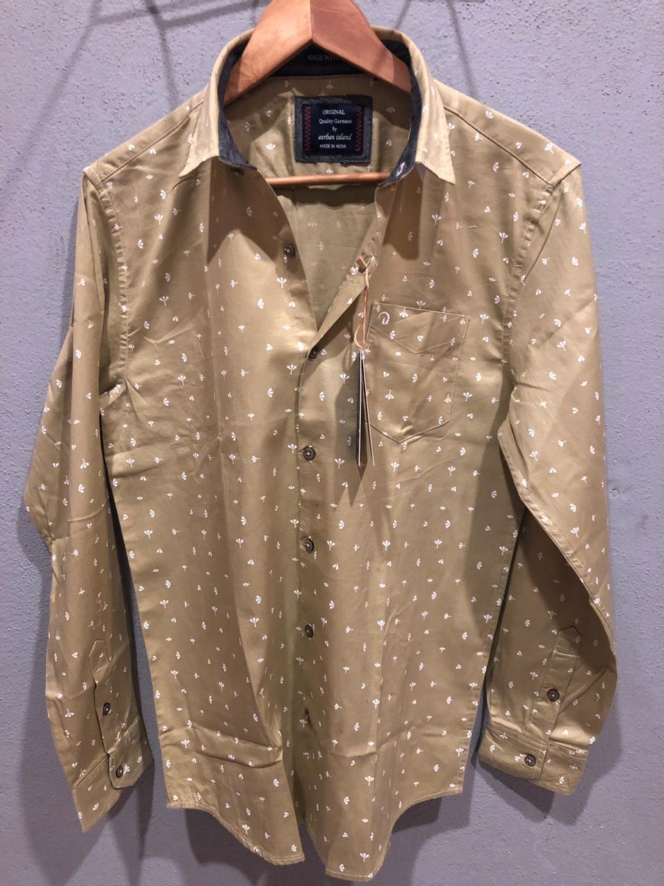 Printed Shirt - Cotton, Sizes M L Xl, Beige | Classic Collar, Full Sleeves, Designer Prints, Suitable For Rainy Season, Male Gender