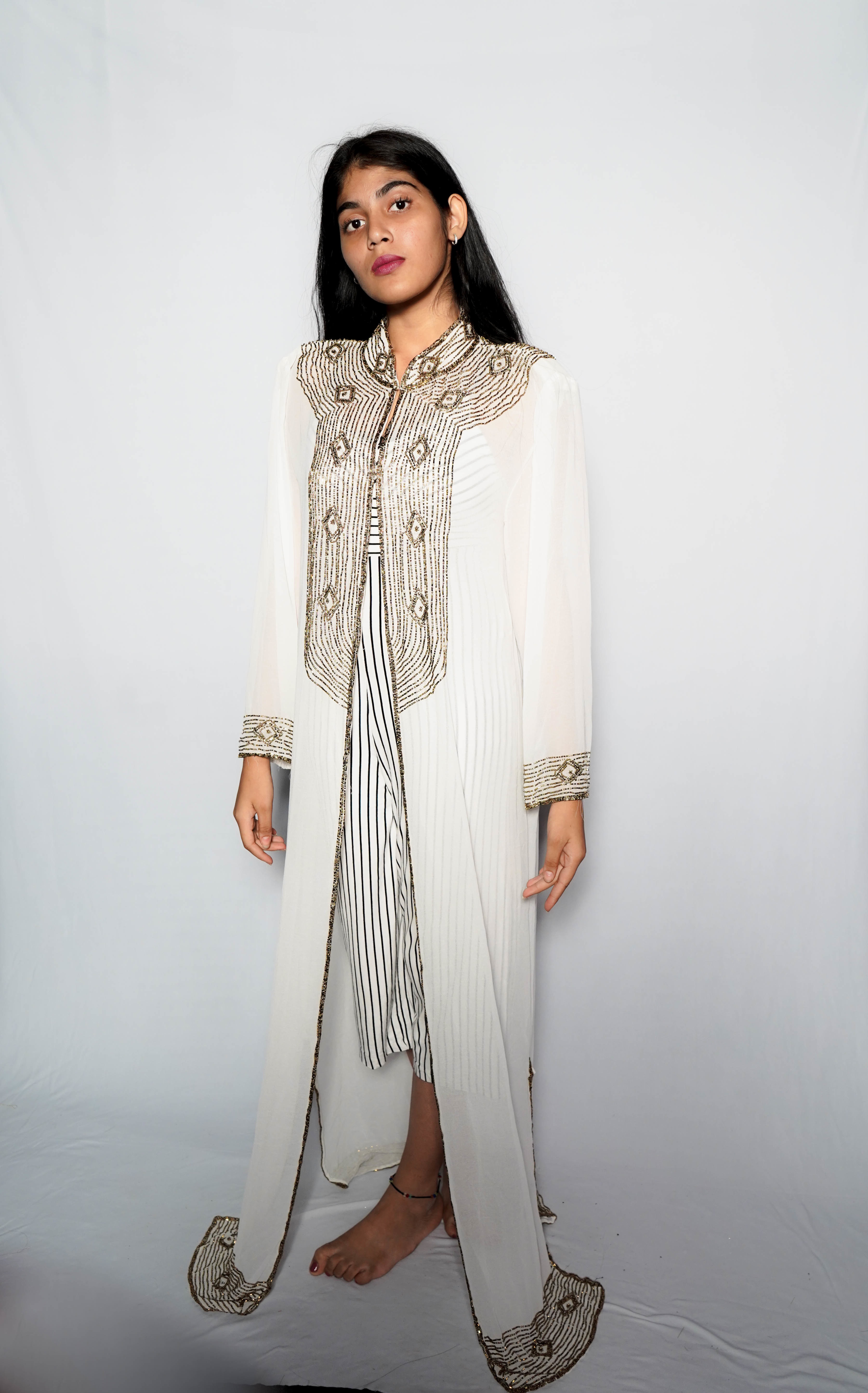 Hand Embroidered Georgette Kaftan - Customized Size, Ivory White Color | Full Sleeves, Dry Clean Care, Elegant Golden Beads & Sequins