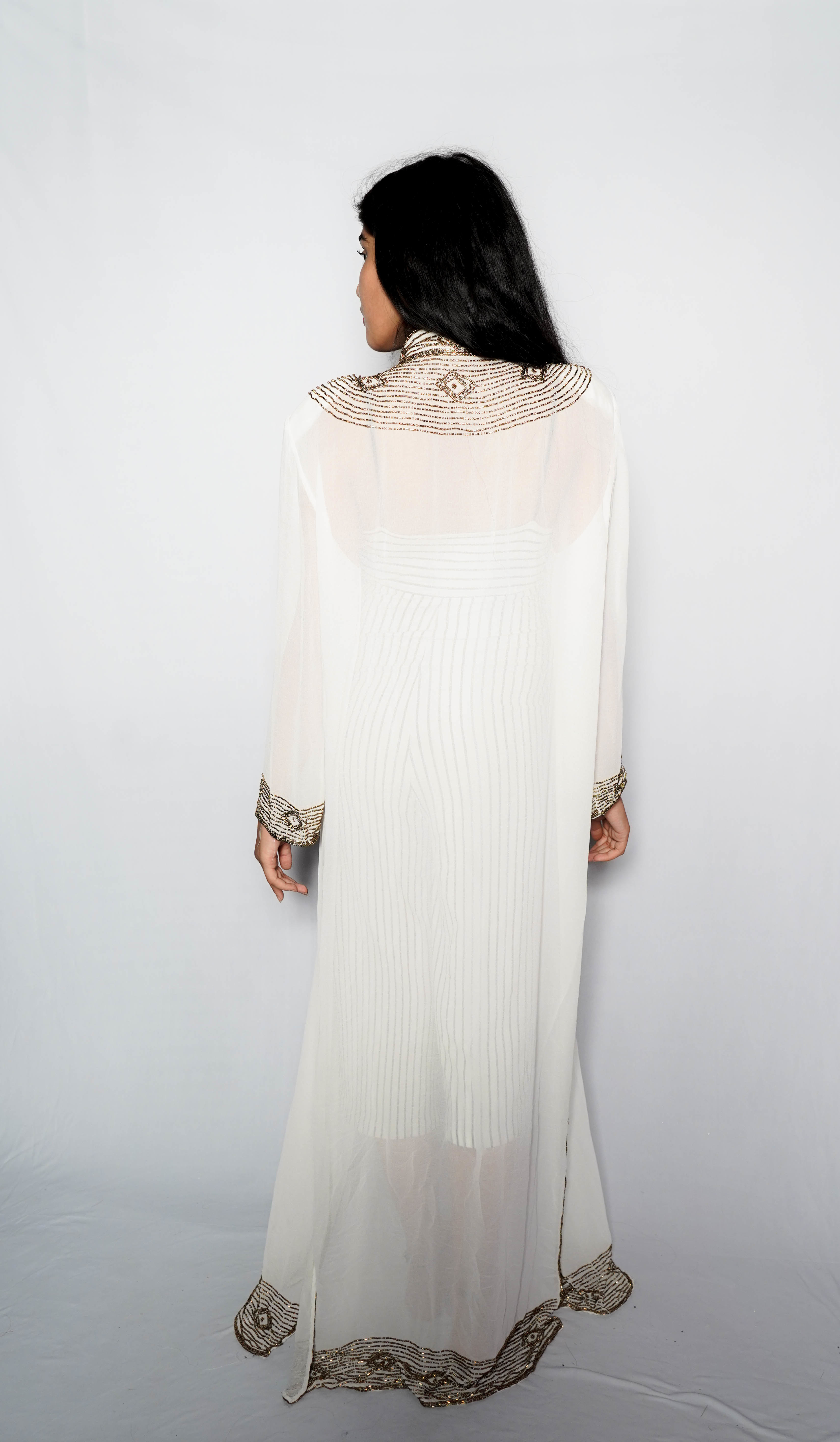 Hand Embroidered Georgette Kaftan - Customized Size, Ivory White Color | Full Sleeves, Dry Clean Care, Elegant Golden Beads & Sequins