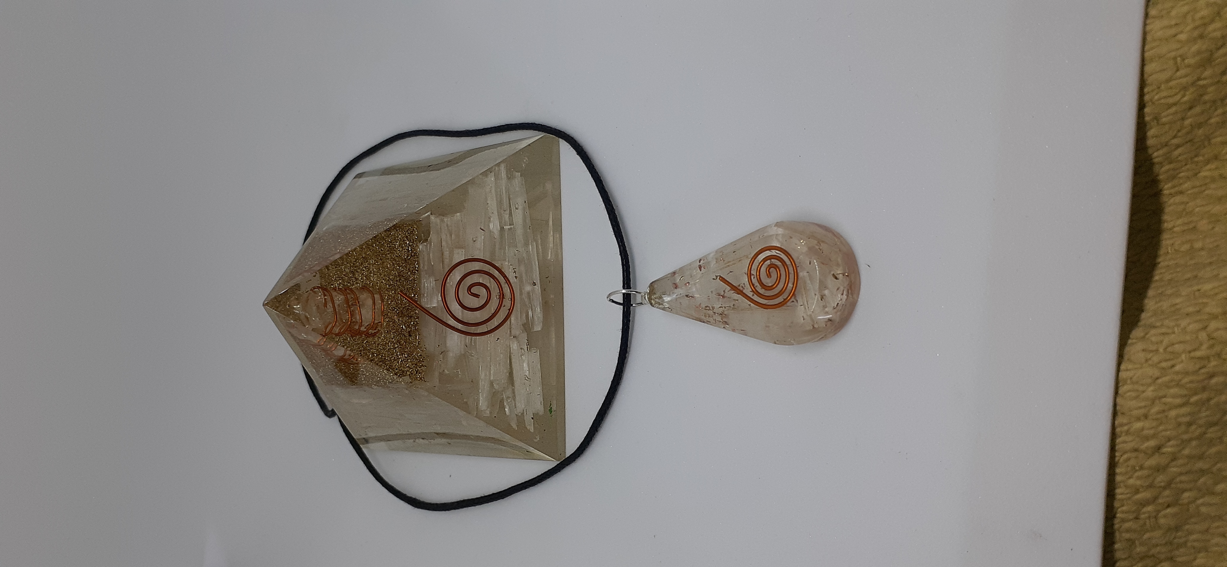 Orgone Selenite Pyramid With Teardrop Pendant - Size 70mm, Polished White Stone | Triangle Shape, Emf Protection For Home And Office