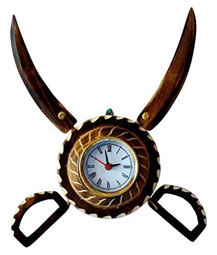 Wooden Sword Armour Clockar - Mango Wood , Handcrafted Antique Finish Decorative Wall Clock Masterpiece for Showpiece Display