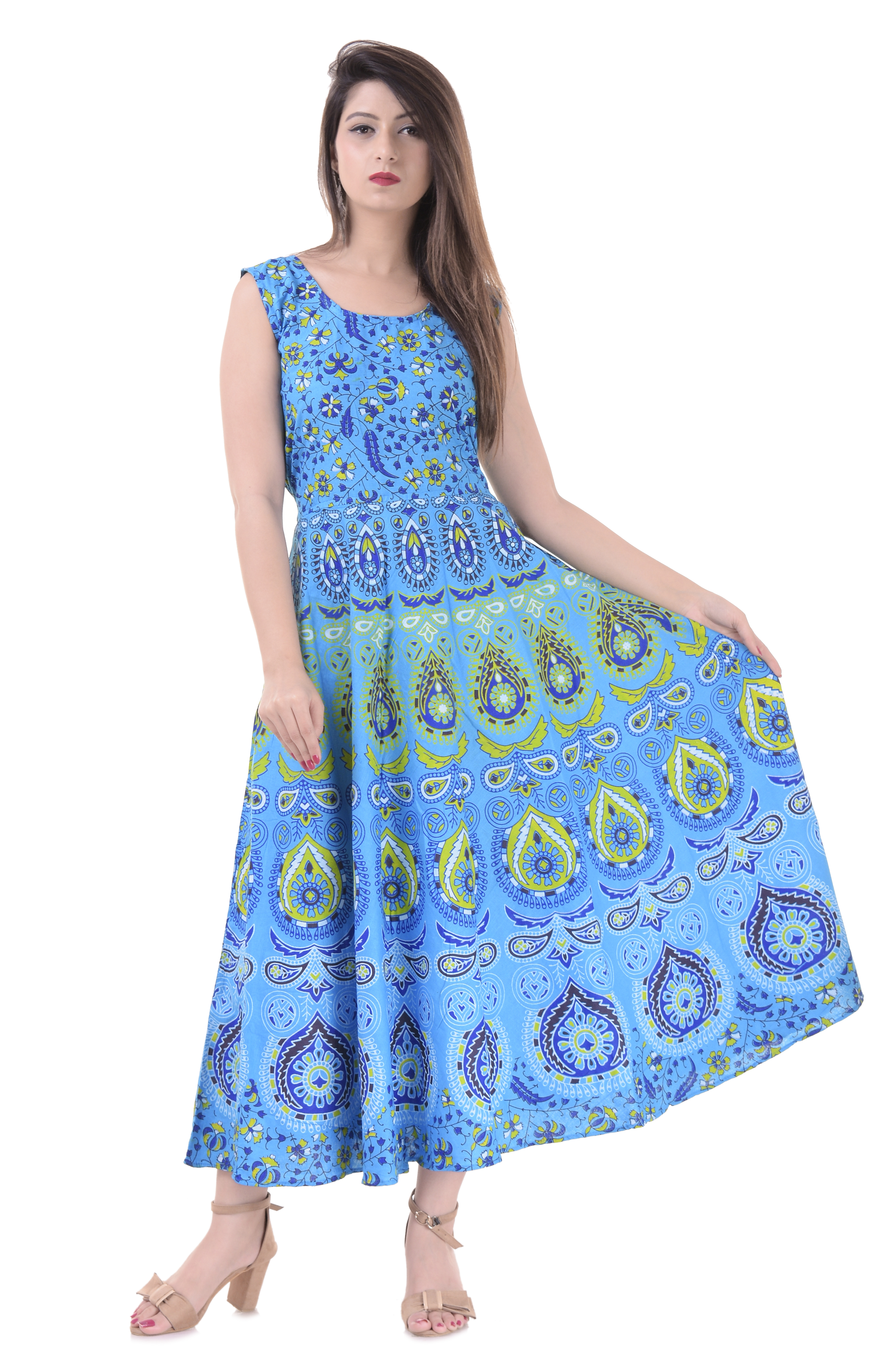 Multi Colour Jaipuri Printed Midi Long Dress