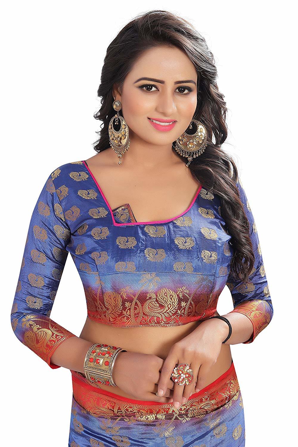 Ladies Casual Plain Saree - Cotton Silk, Blue Color With Hand Print And Banarsi Style, Featuring Hand Embroidery