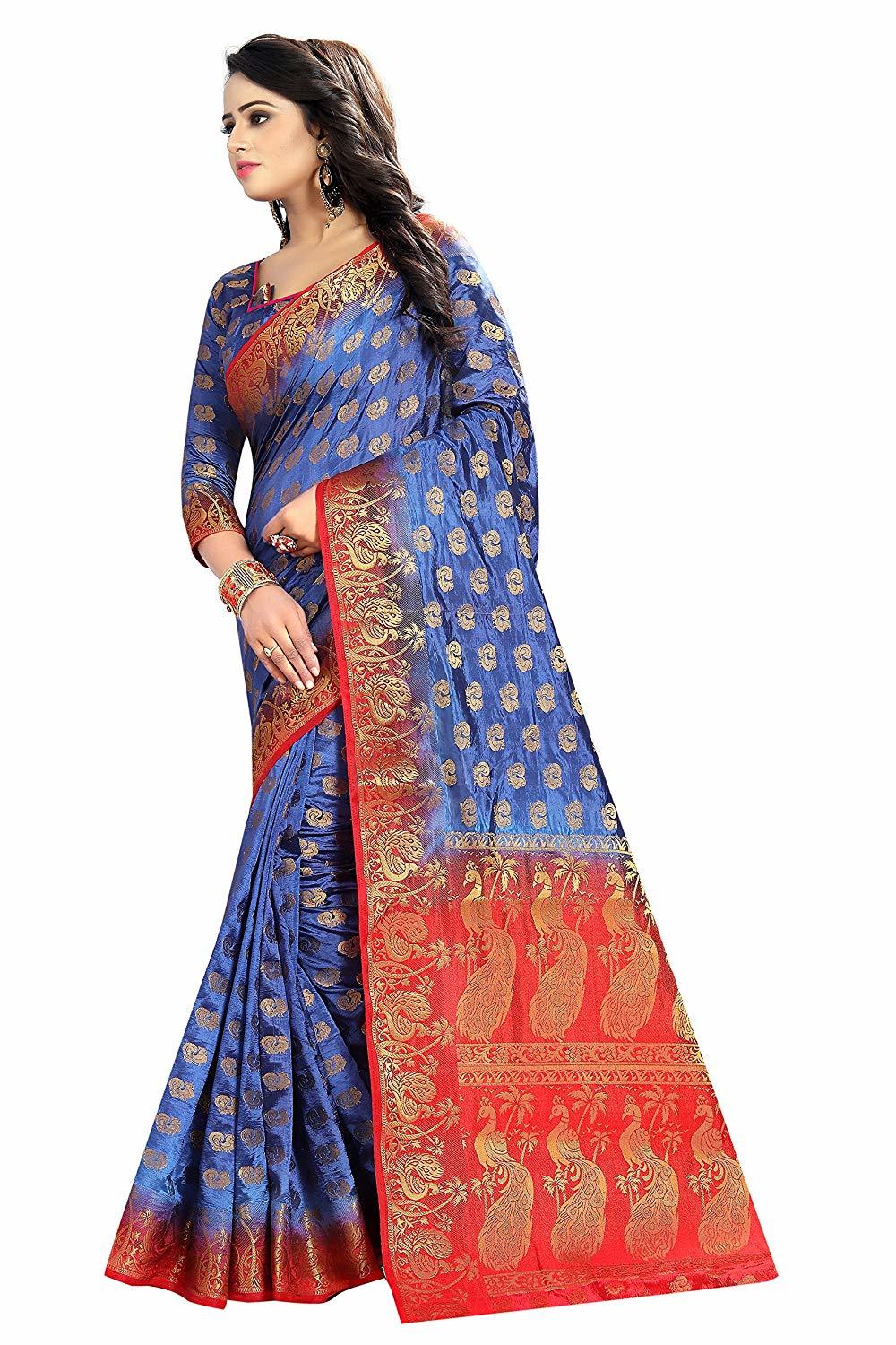 Ladies Casual Plain Saree - Cotton Silk, Blue Color With Hand Print And Banarsi Style, Featuring Hand Embroidery